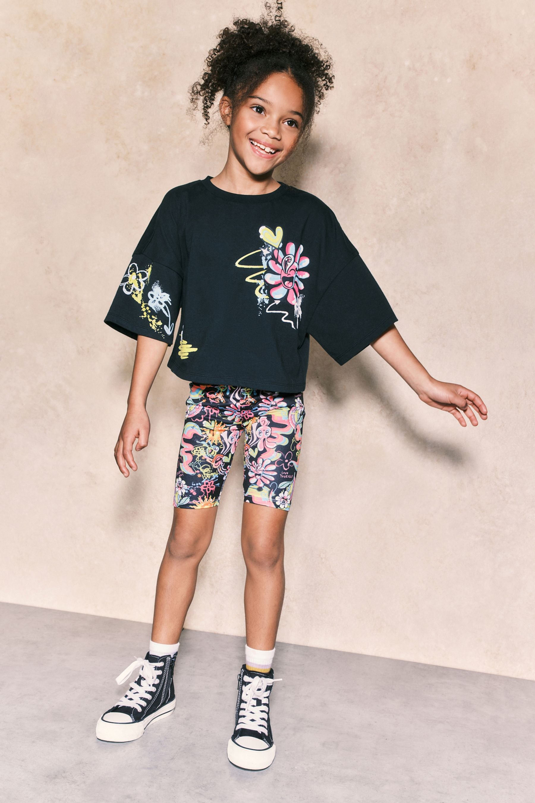 Black Graffiti T-Shirt And Cycling Shorts Set (3-16yrs)