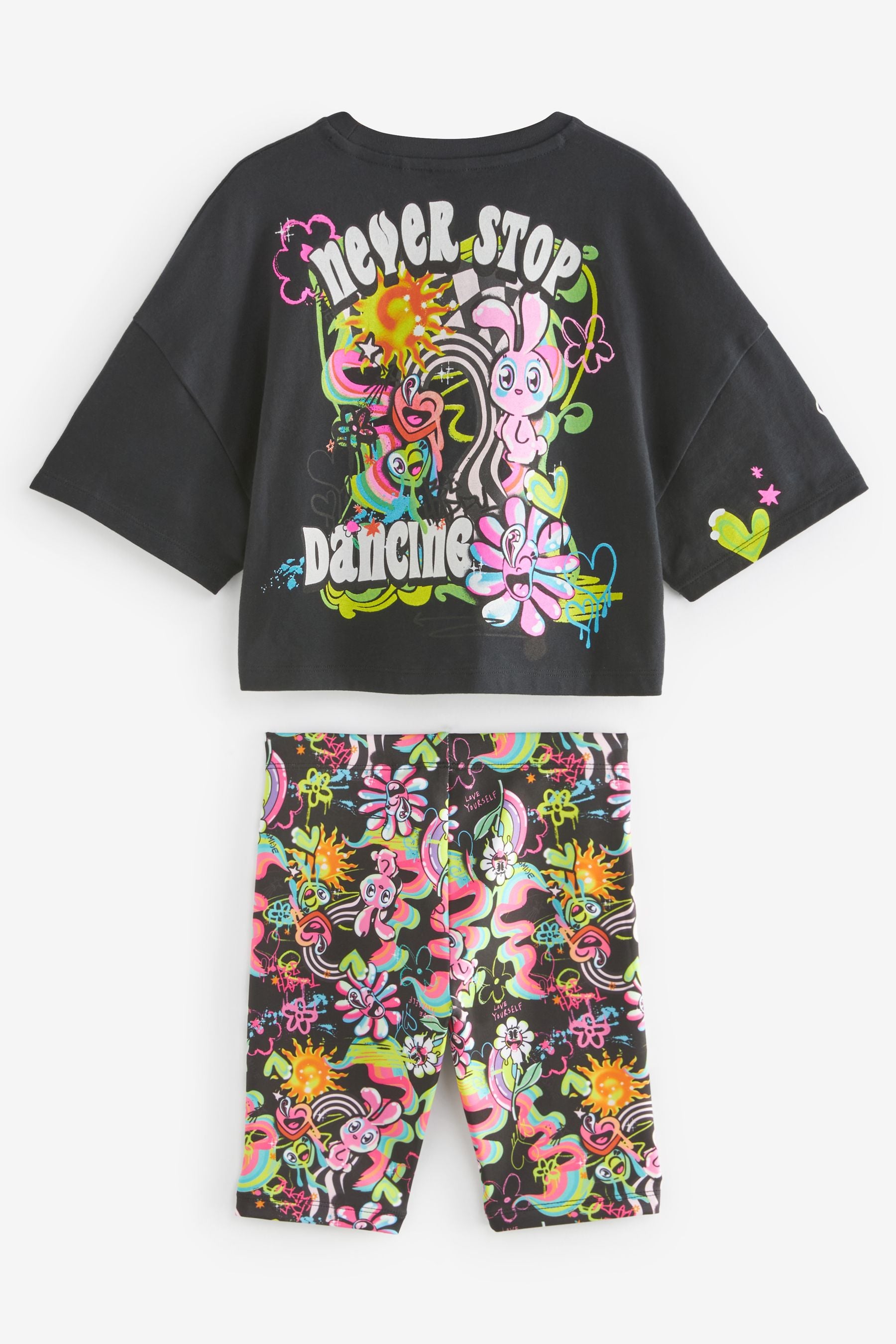 Black Graffiti T-Shirt And Cycling Shorts Set (3-16yrs)