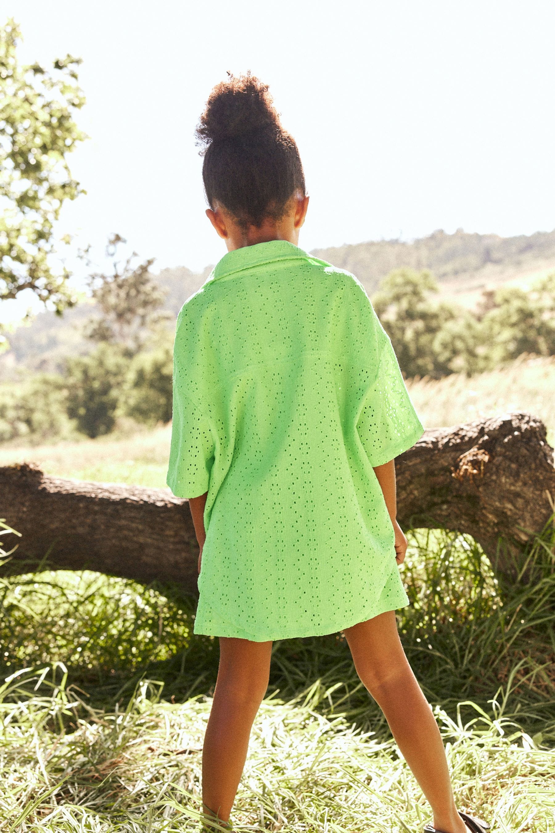 Lime Green Oversized Textured Shirt And Shorts Set (3-16yrs) (3-16yrs)