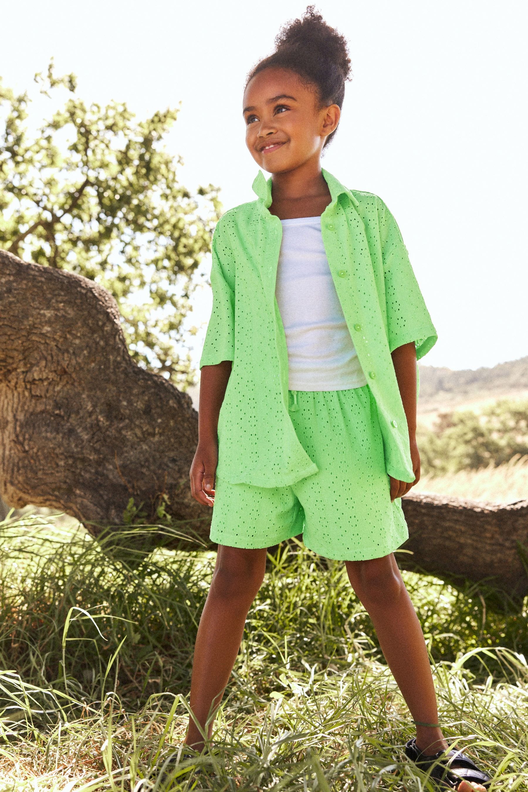 Lime Green Oversized Textured Shirt And Shorts Set (3-16yrs) (3-16yrs)