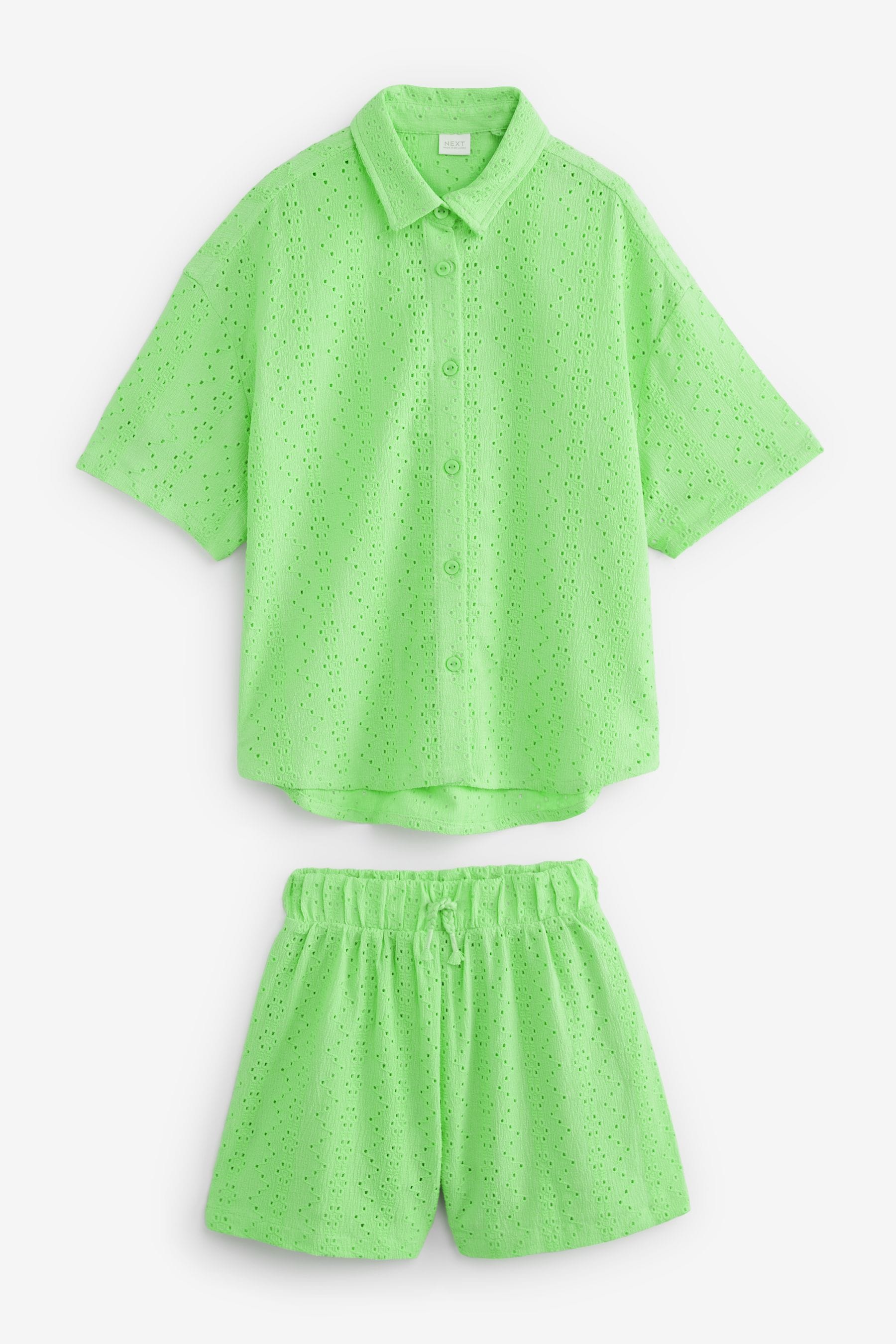 Lime Green Oversized Textured Shirt And Shorts Set (3-16yrs) (3-16yrs)