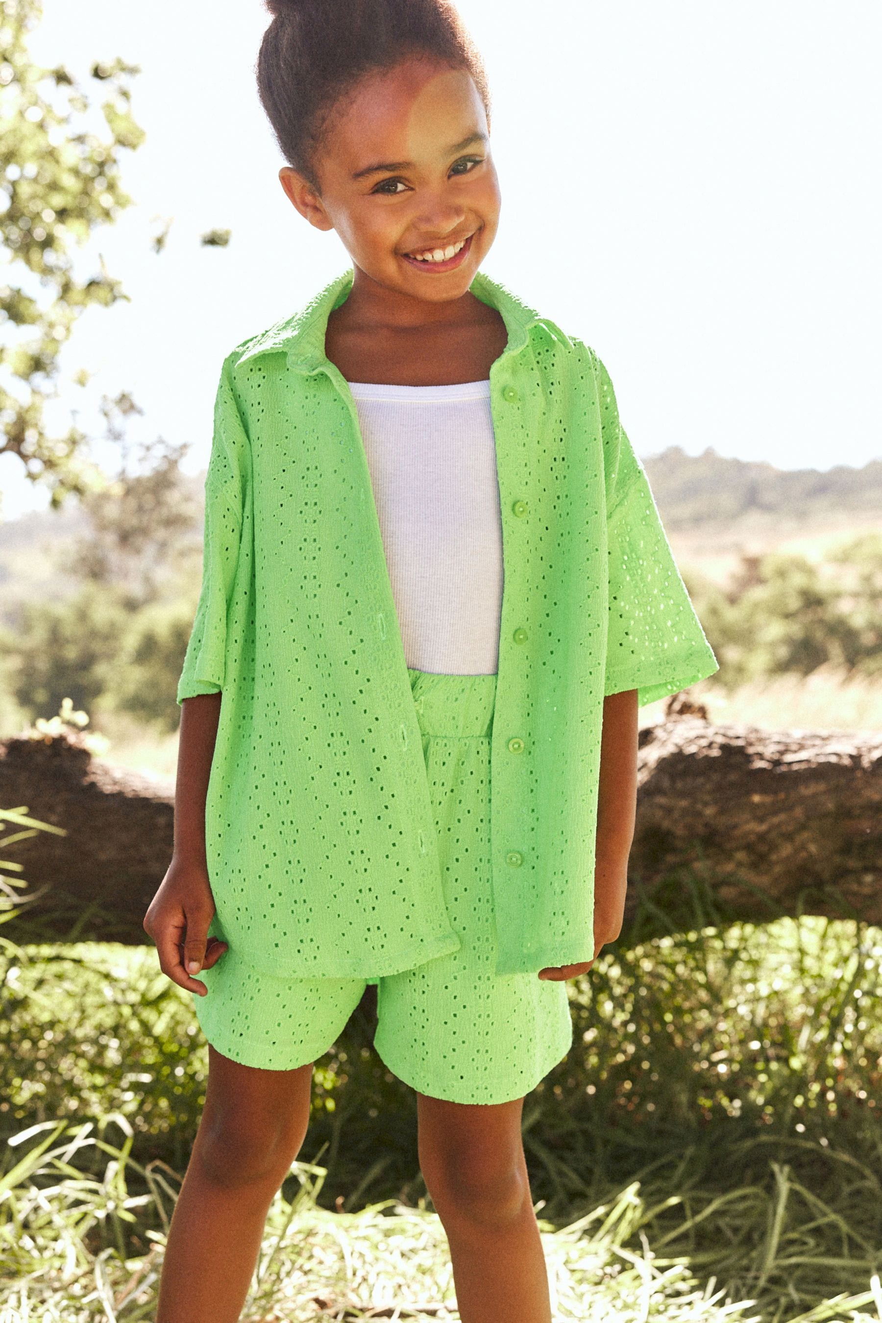 Lime Green Oversized Textured Shirt And Shorts Set (3-16yrs) (3-16yrs)