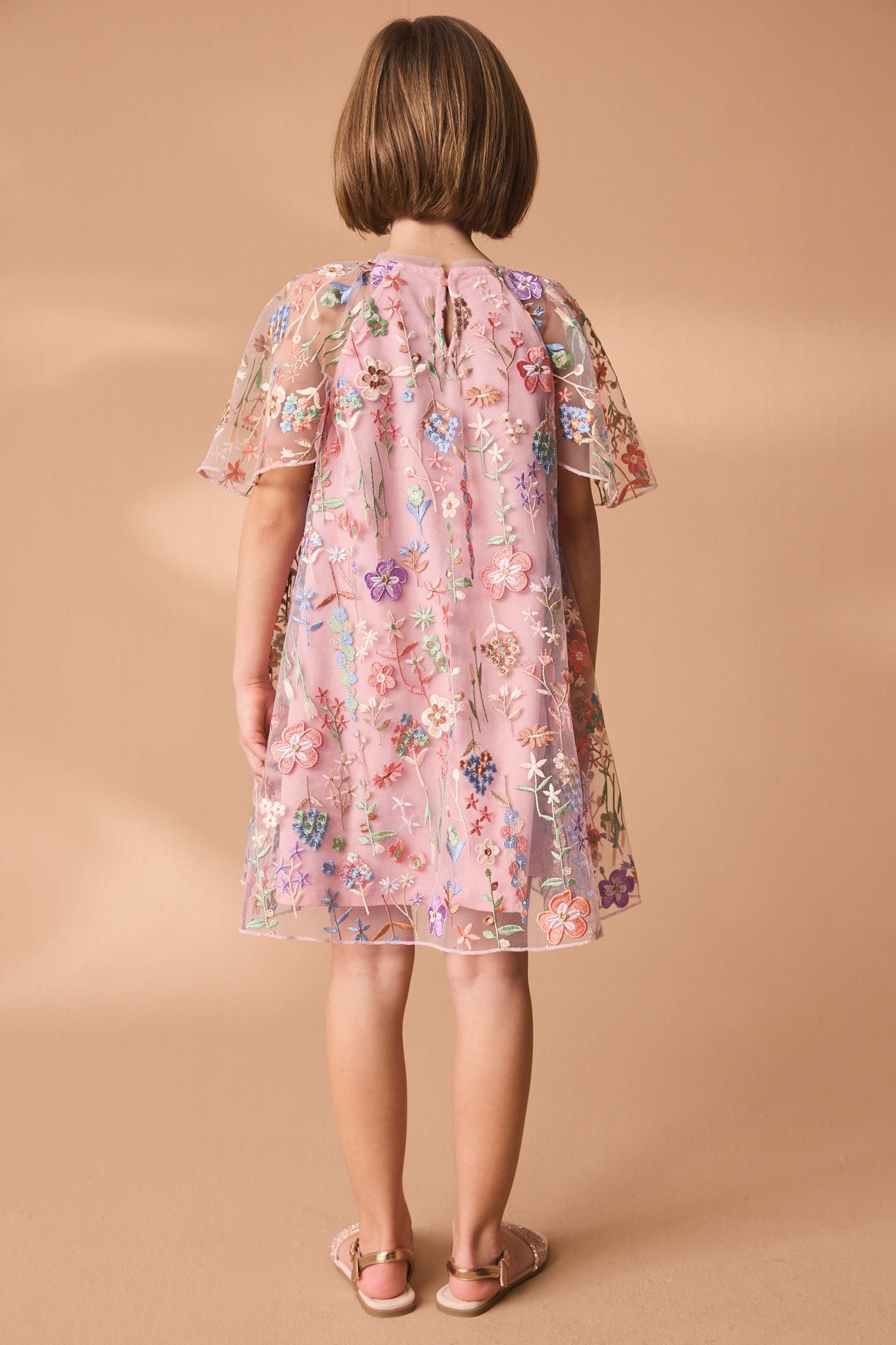 Pink Floral Embroidered Mesh Occasion Dress (3-16yrs)