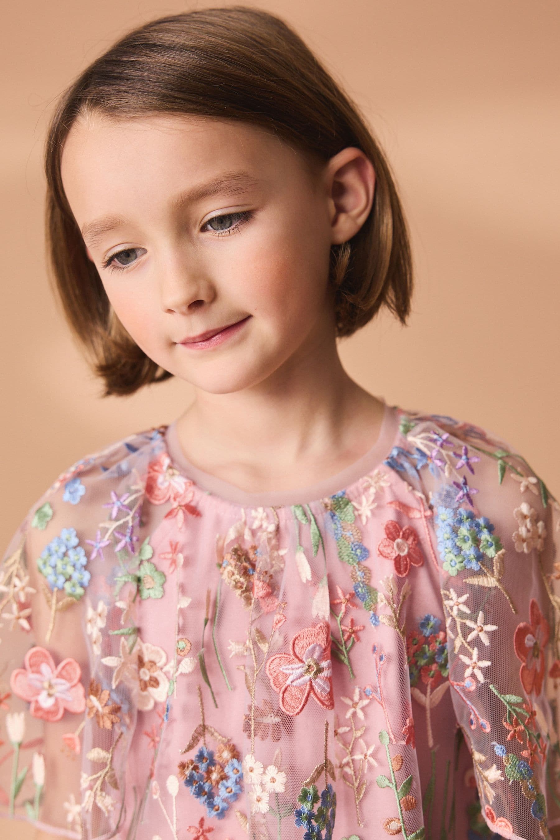 Pink Floral Embroidered Mesh Occasion Dress (3-16yrs)