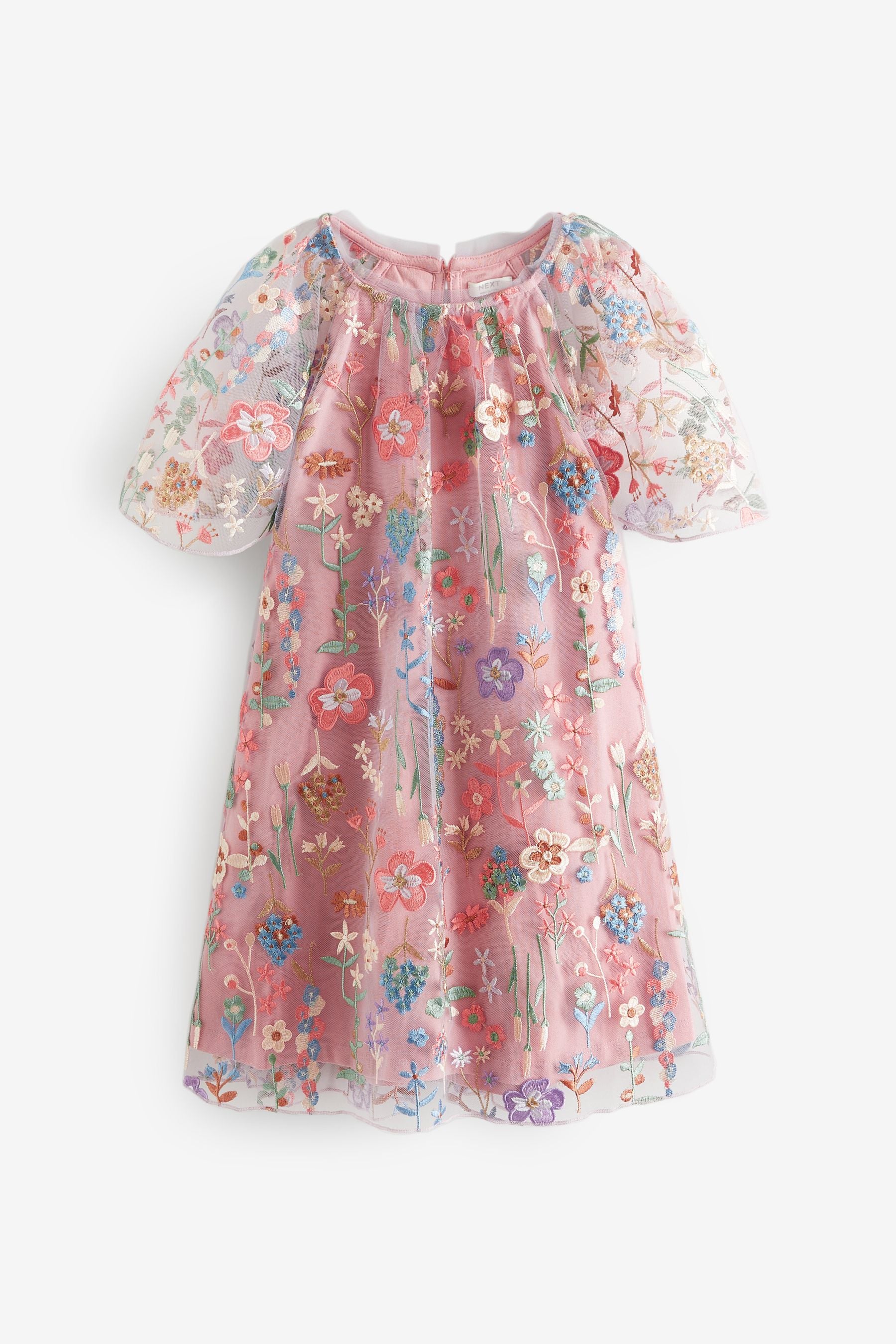 Pink Floral Embroidered Mesh Occasion Dress (3-16yrs)