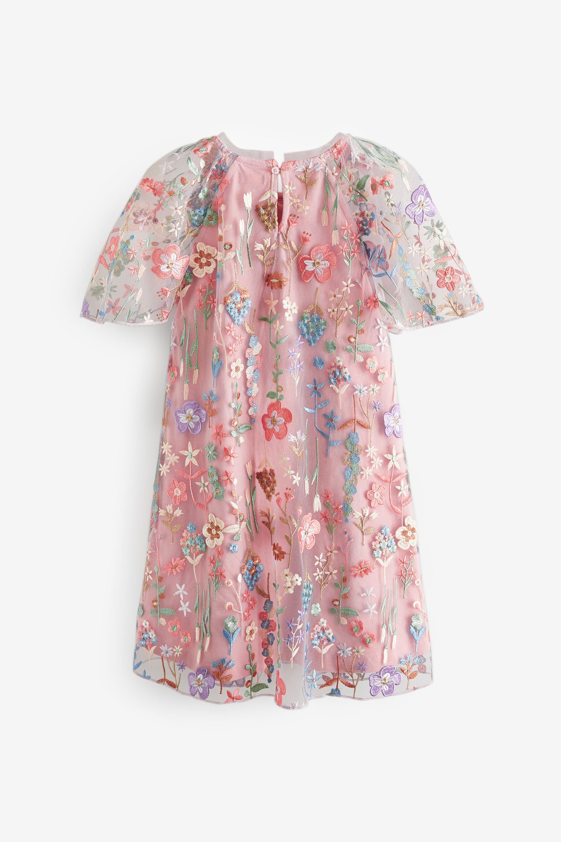 Pink Floral Embroidered Mesh Occasion Dress (3-16yrs)