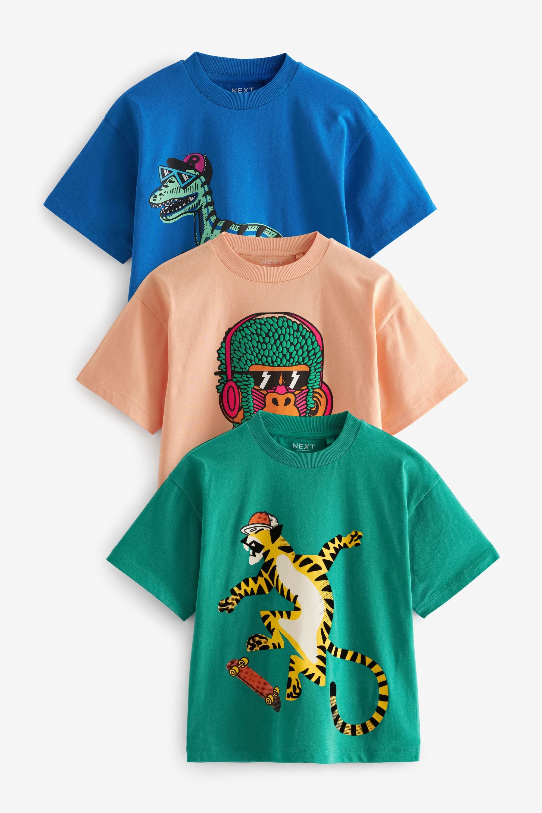 Multi Skating Animals Graphic Relaxed Fit Short Sleeve T-Shirts 3 Pack (3-16yrs)