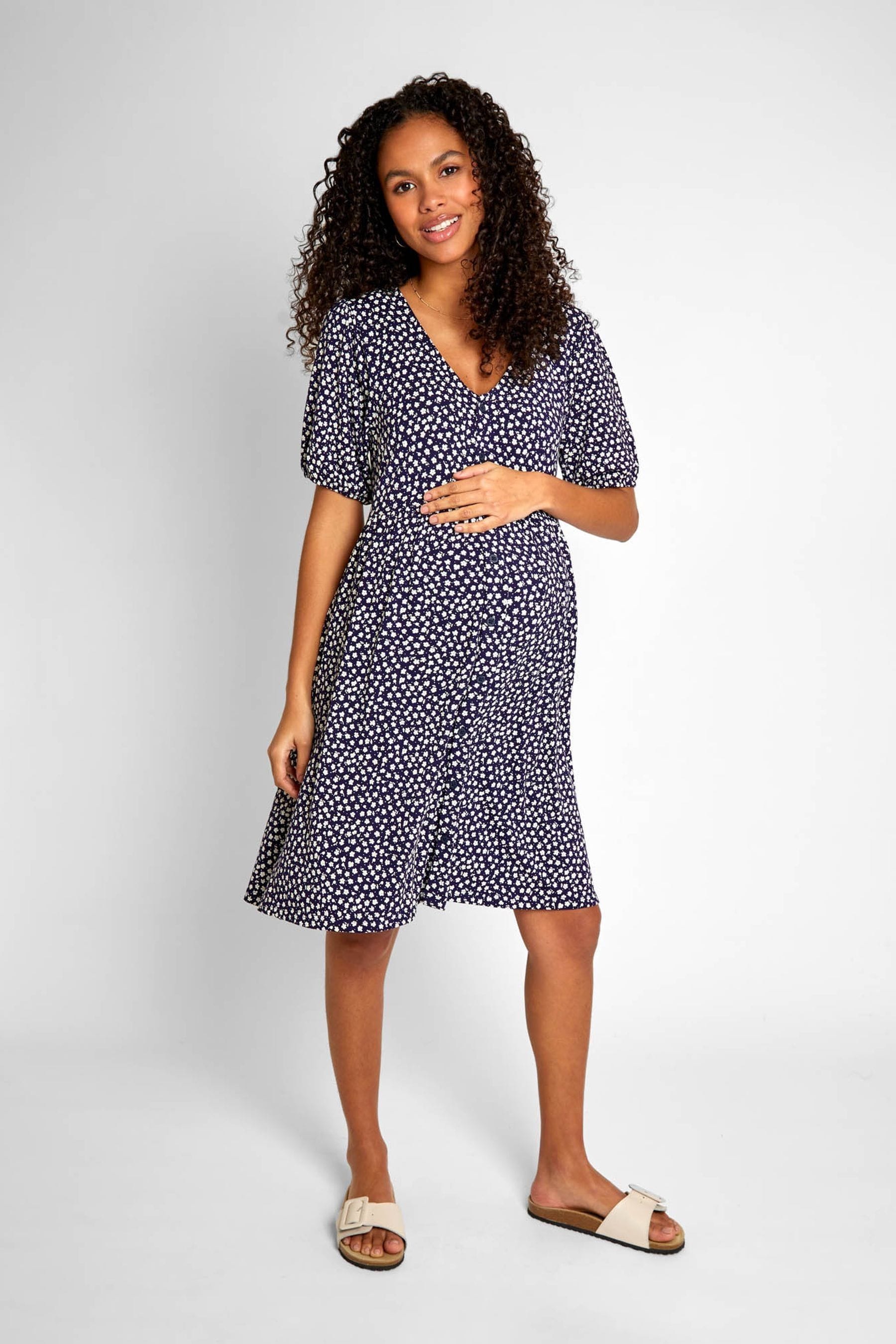 Navy Blue Ditsy JoJo Maman Bébé Floral V-Neck Maternity Dress