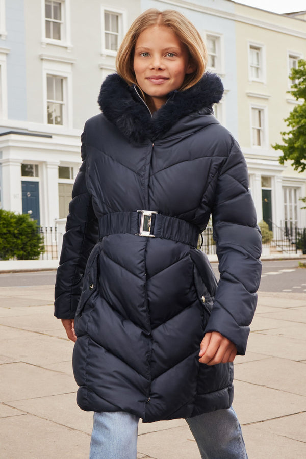 Navy Blue Shower Resistant Longline Belted Padded Coat (5-16yrs)