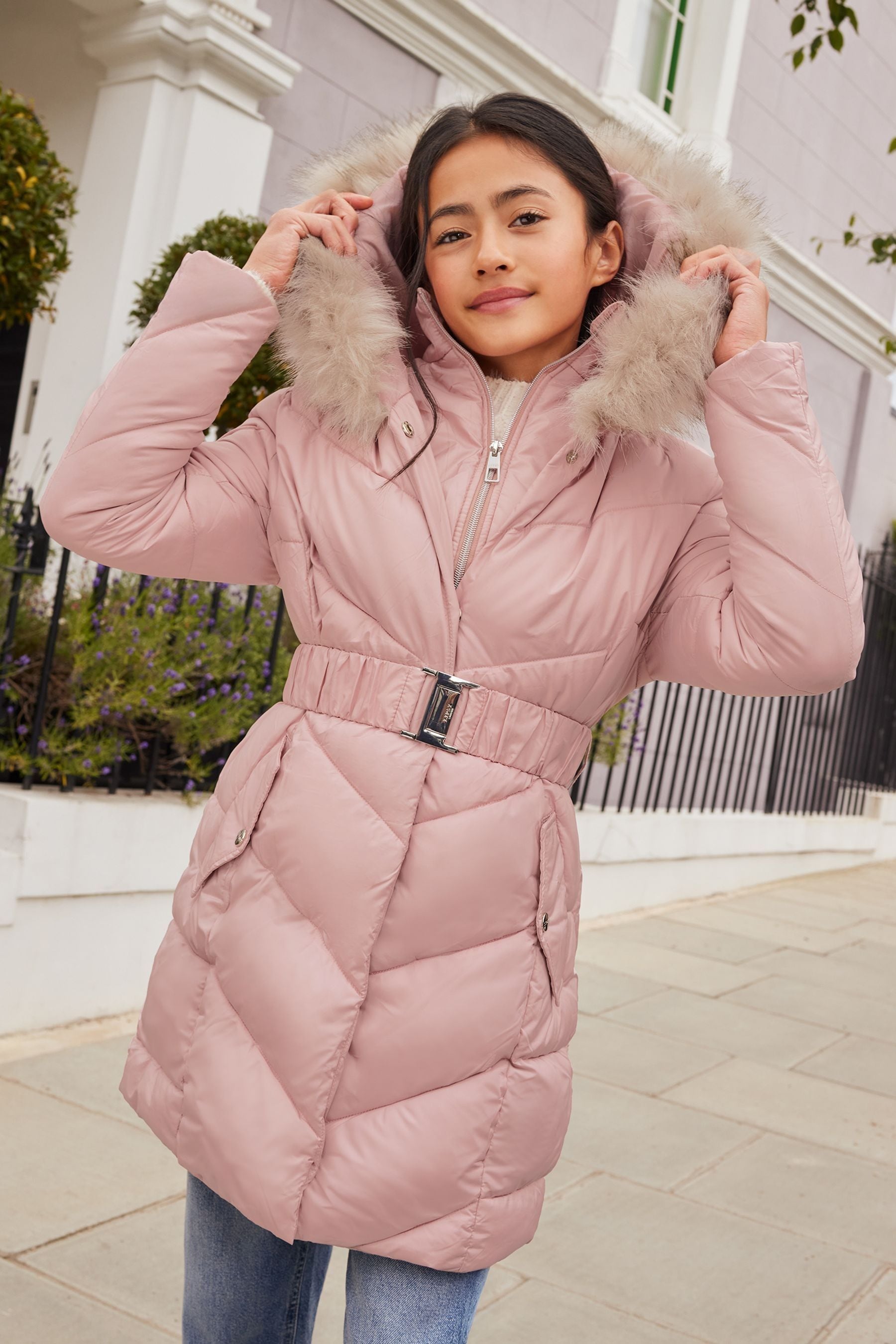 Lipsy Pink Shower Resistant Longline Belted Padded Coat (5-16yrs)