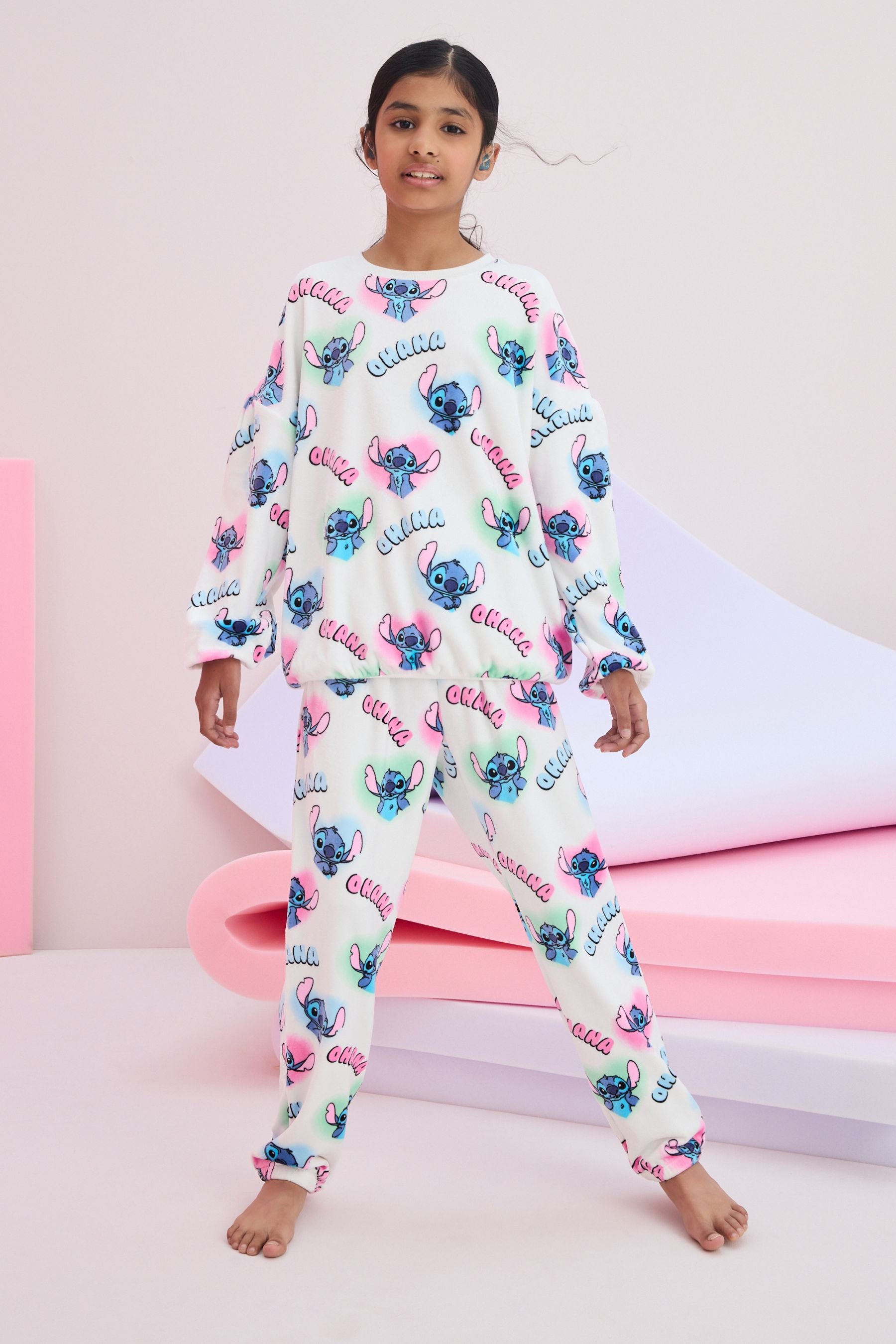 White/Pink License Lilo and Stitch Cosy Fleece Pyjamas (3-16yrs)