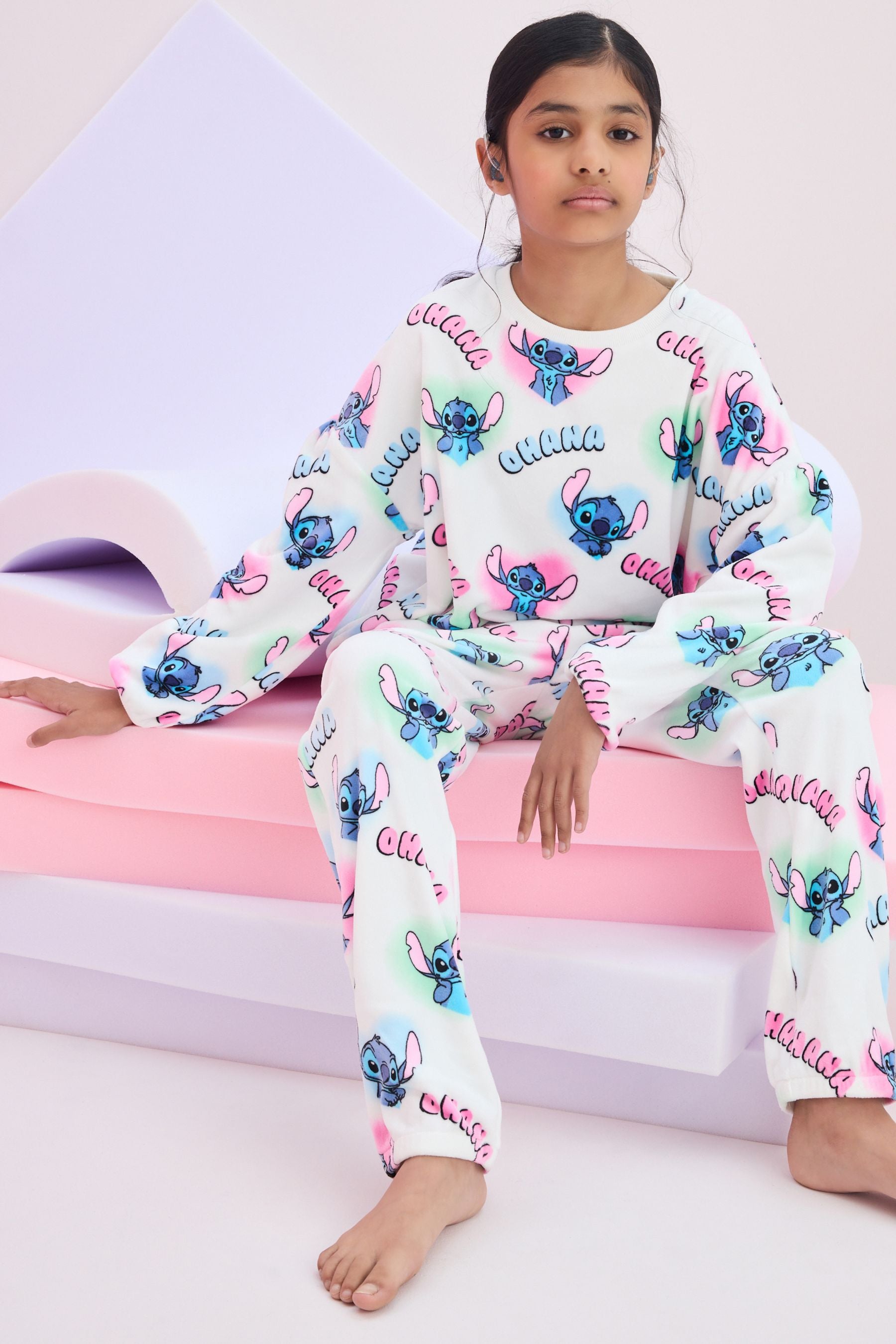 White/Pink License Lilo and Stitch Cosy Fleece Pyjamas (3-16yrs)