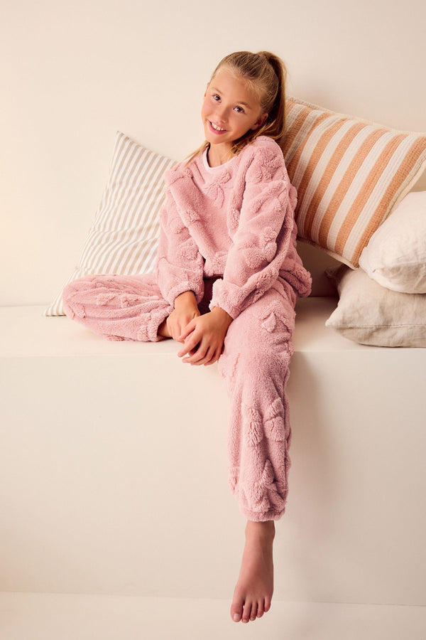 Pink Bow Cosy Fleece Jacquard Pyjamas (3-16yrs)