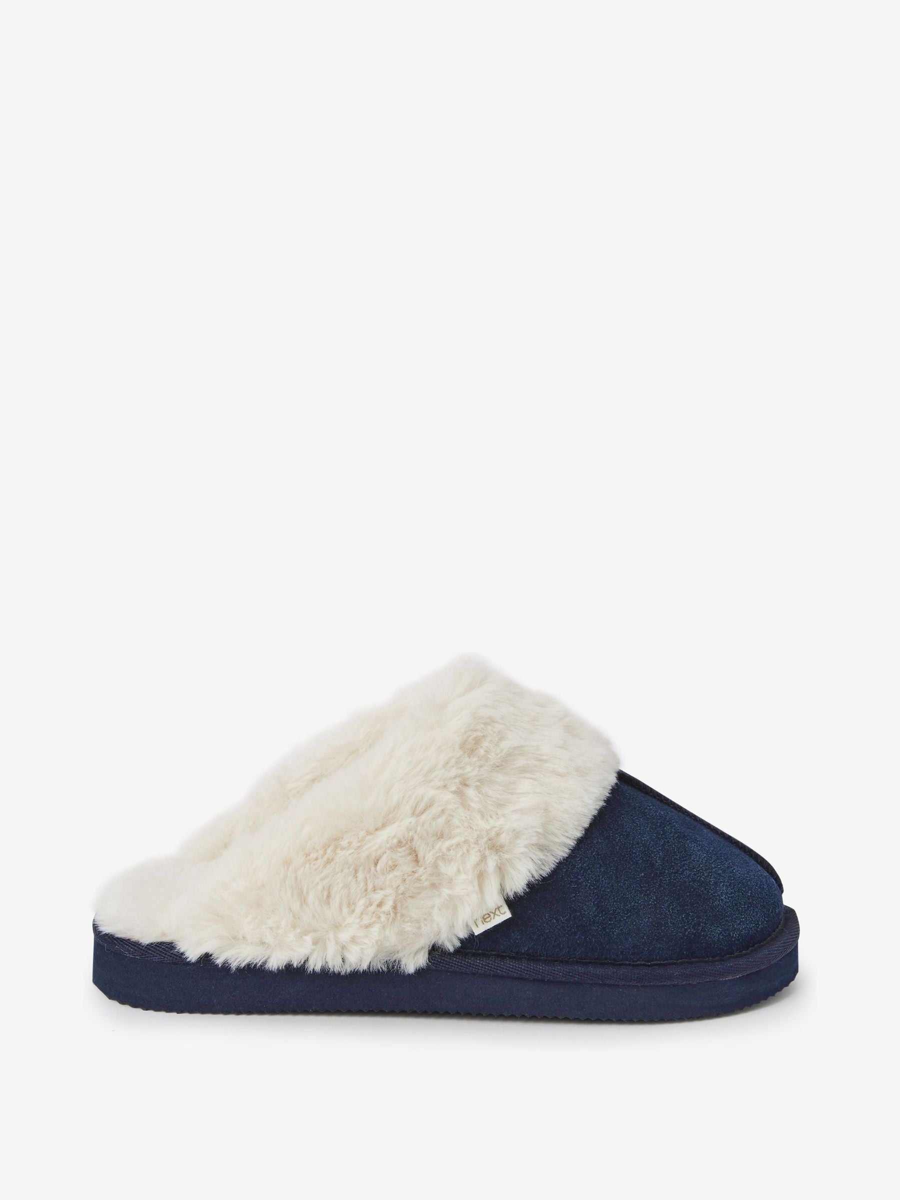 Navy Tiger Print Suede Faux Fur Lined Mule Slippers