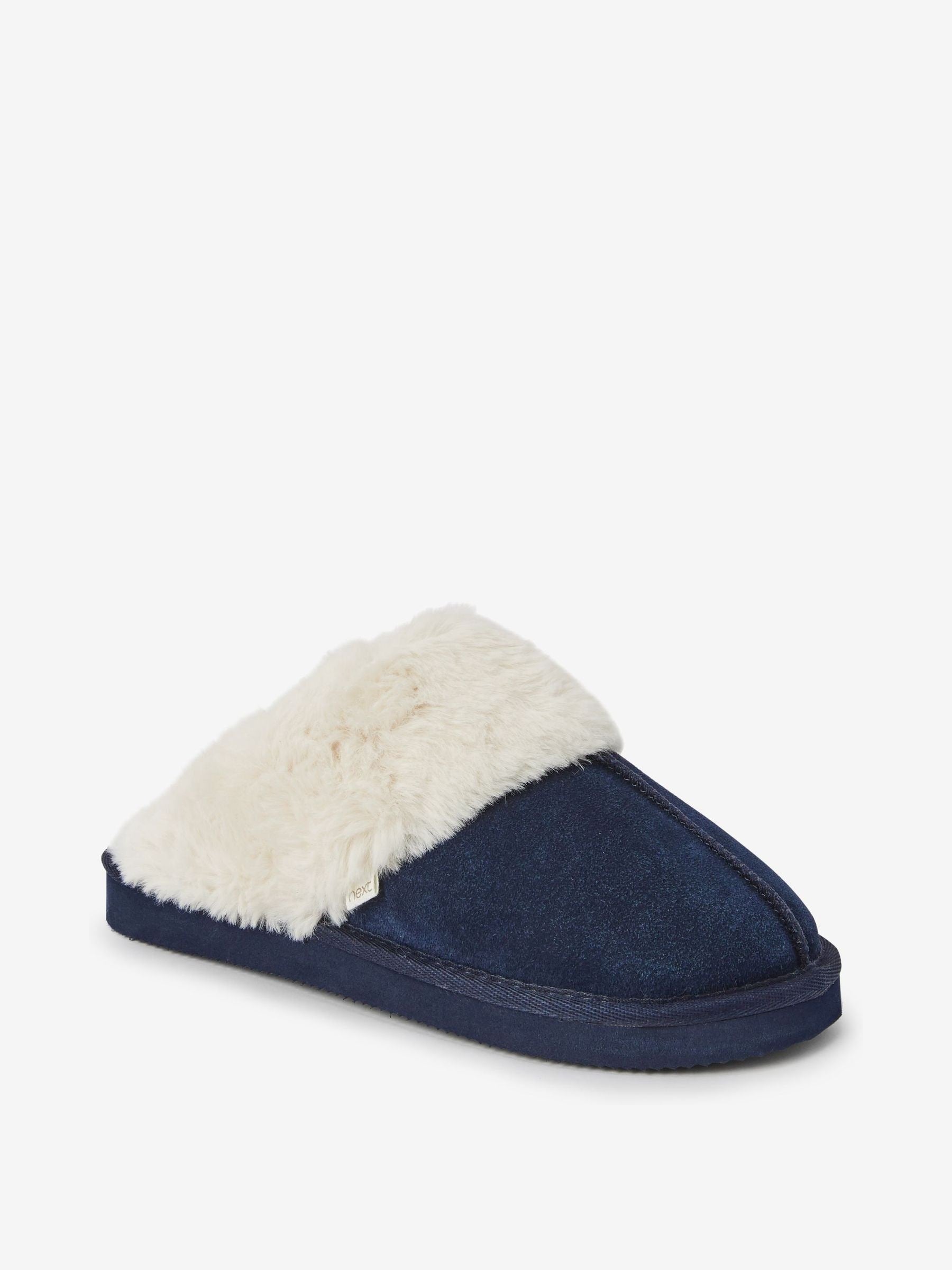 Navy Tiger Print Suede Faux Fur Lined Mule Slippers