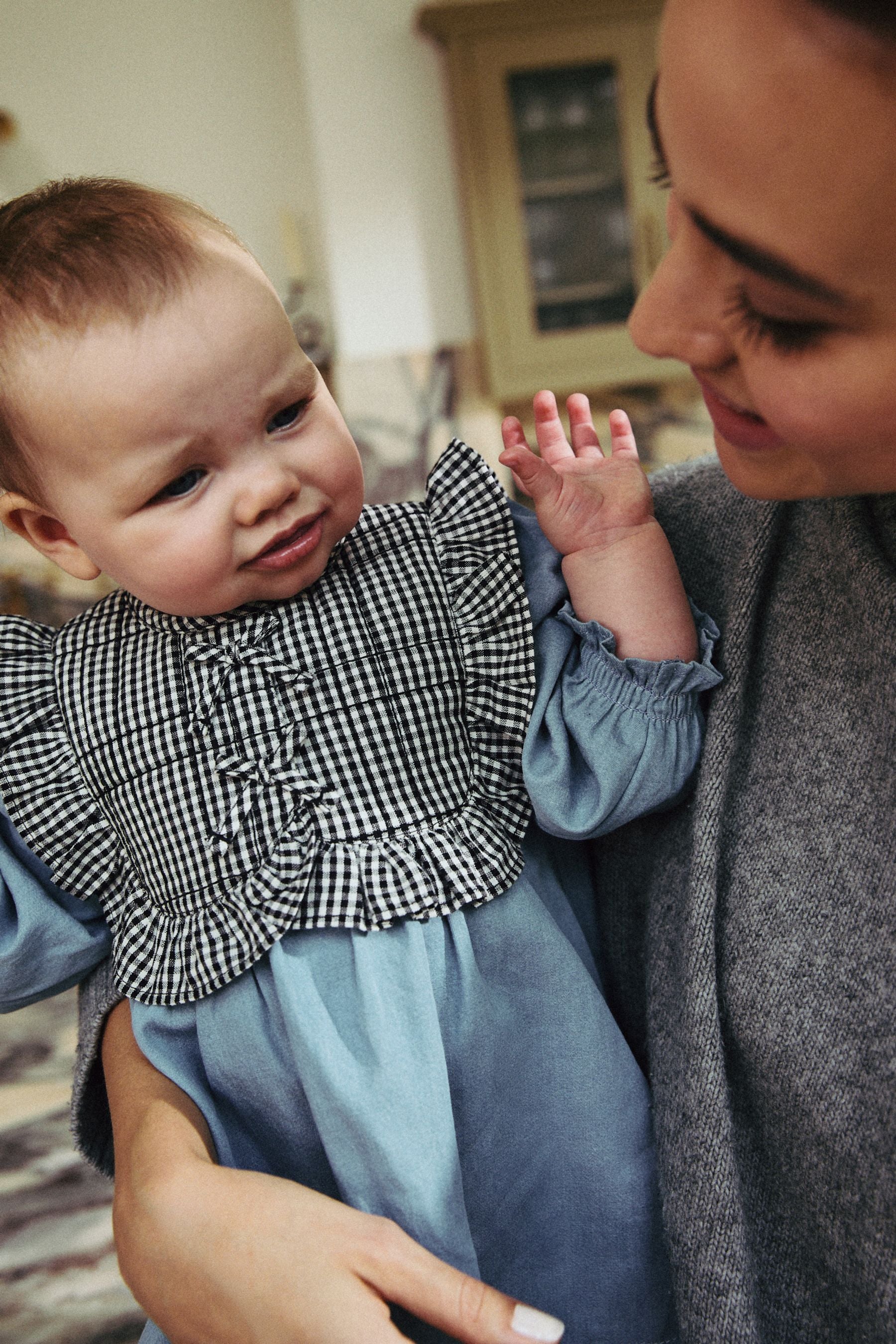 Denim/Gingham Tabbard Woven Dress and Tights Set (0mths-2yrs)