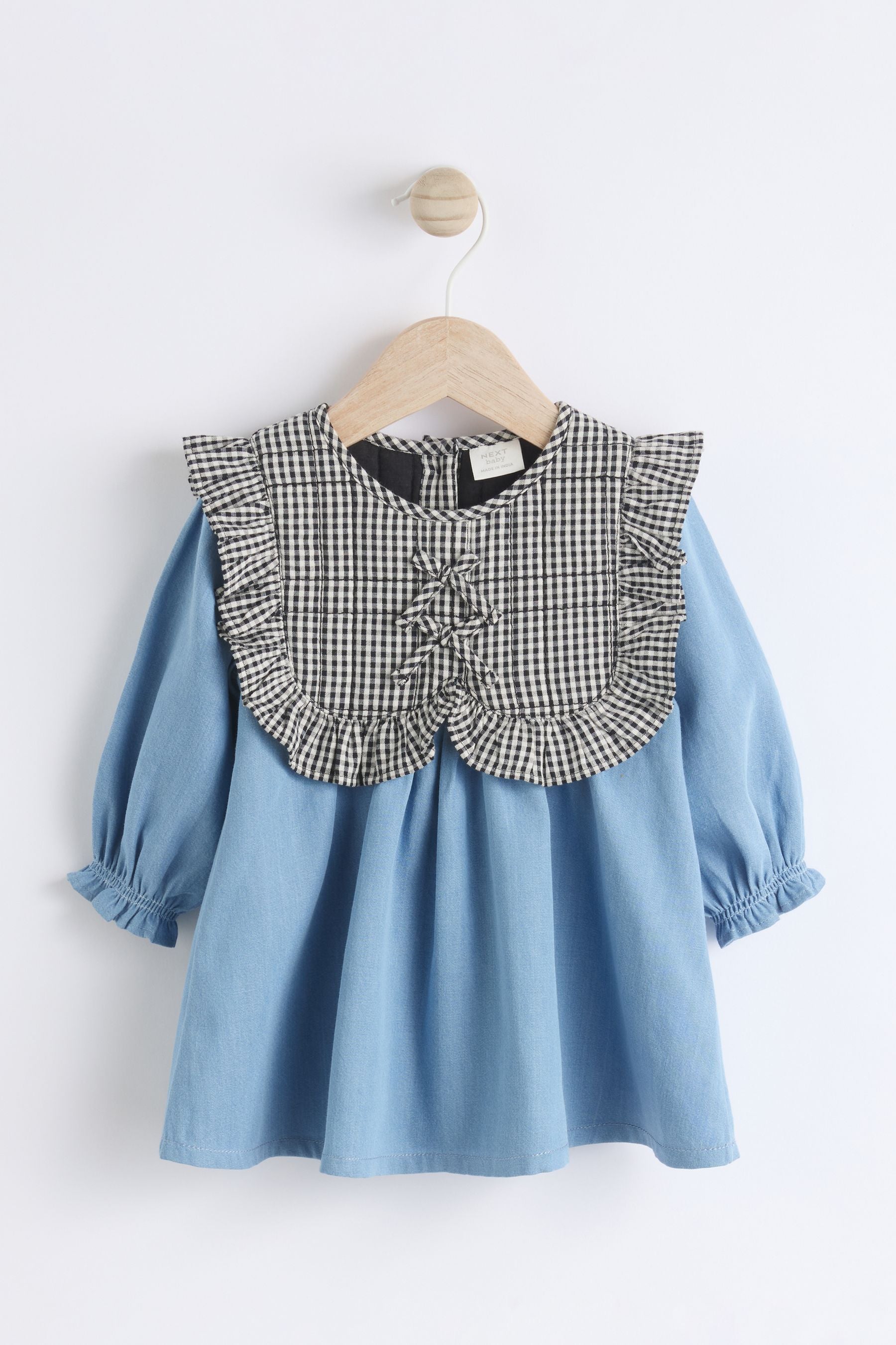 Denim/Gingham Tabbard Woven 100% Cotton Dress and Tights Set (0mths-2yrs)