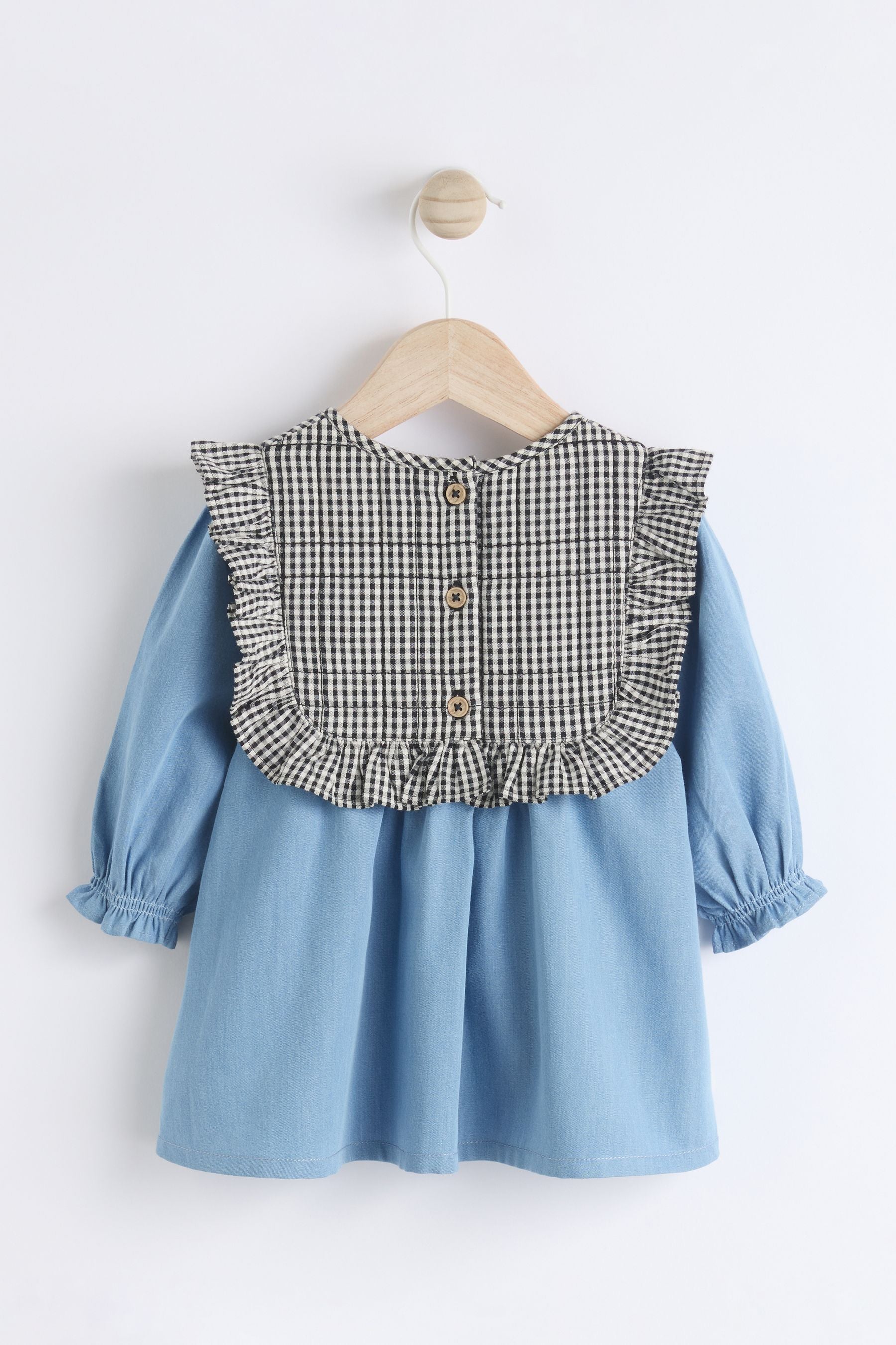 Denim/Gingham Tabbard Woven 100% Cotton Dress and Tights Set (0mths-2yrs)