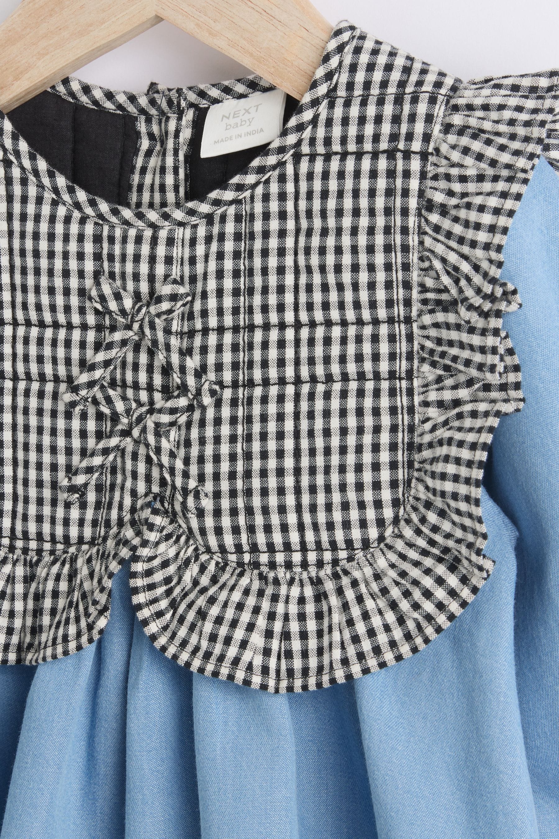 Denim/Gingham Tabbard Woven 100% Cotton Dress and Tights Set (0mths-2yrs)