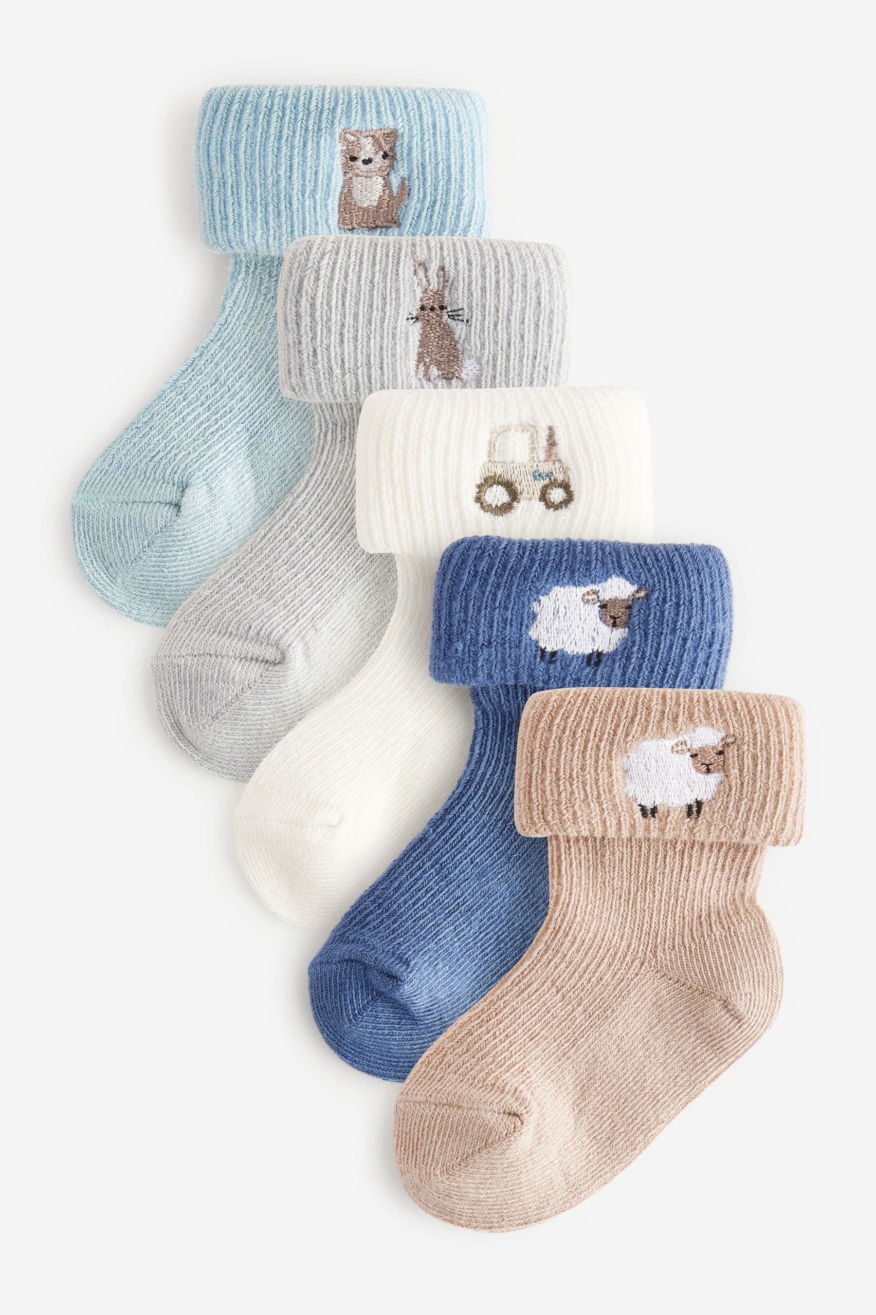 Blue/Neutral Embroidered Roll Top Socks 5 Pack (0mths-2yrs)