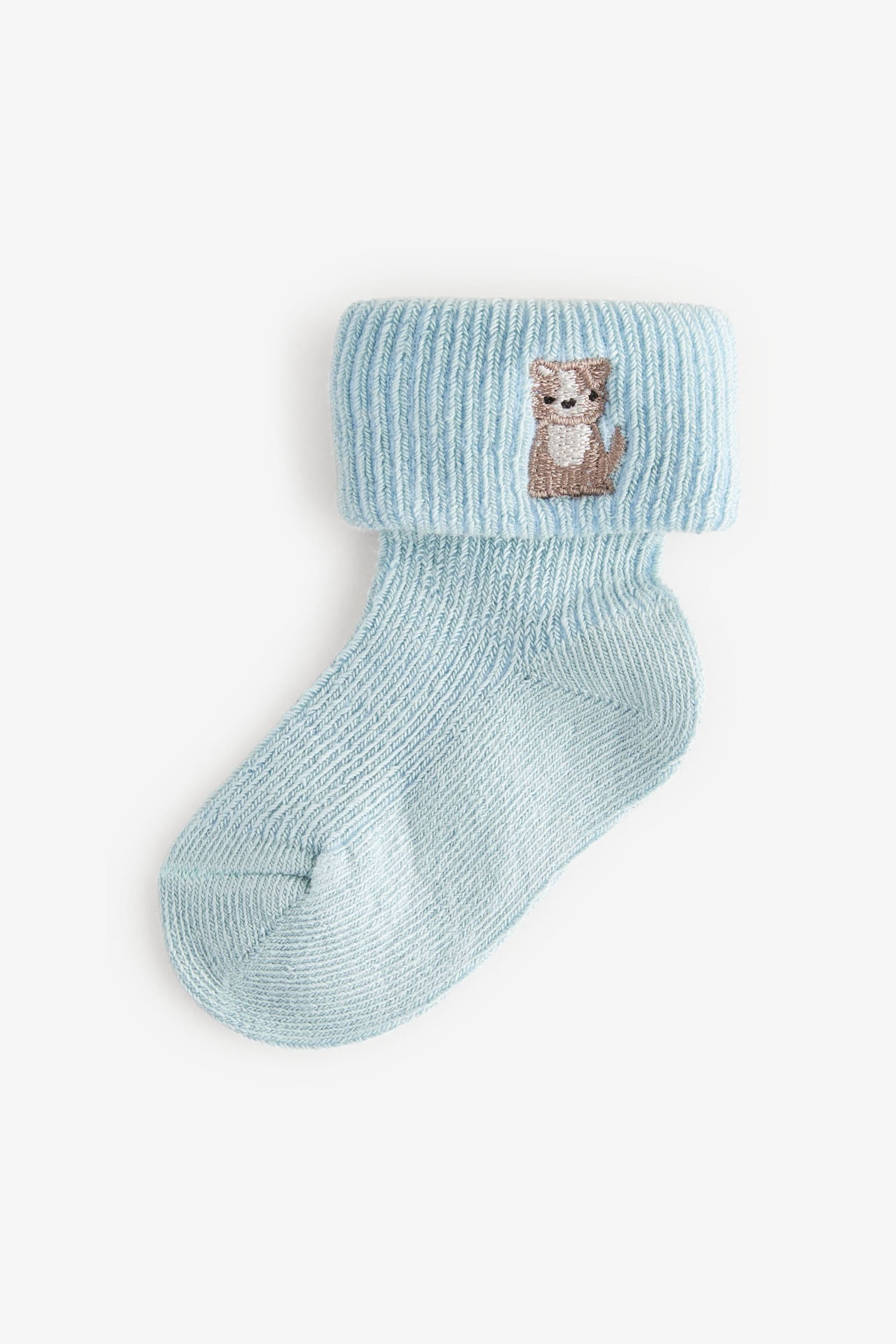 Blue/Neutral Embroidered Roll Top Socks 5 Pack (0mths-2yrs)