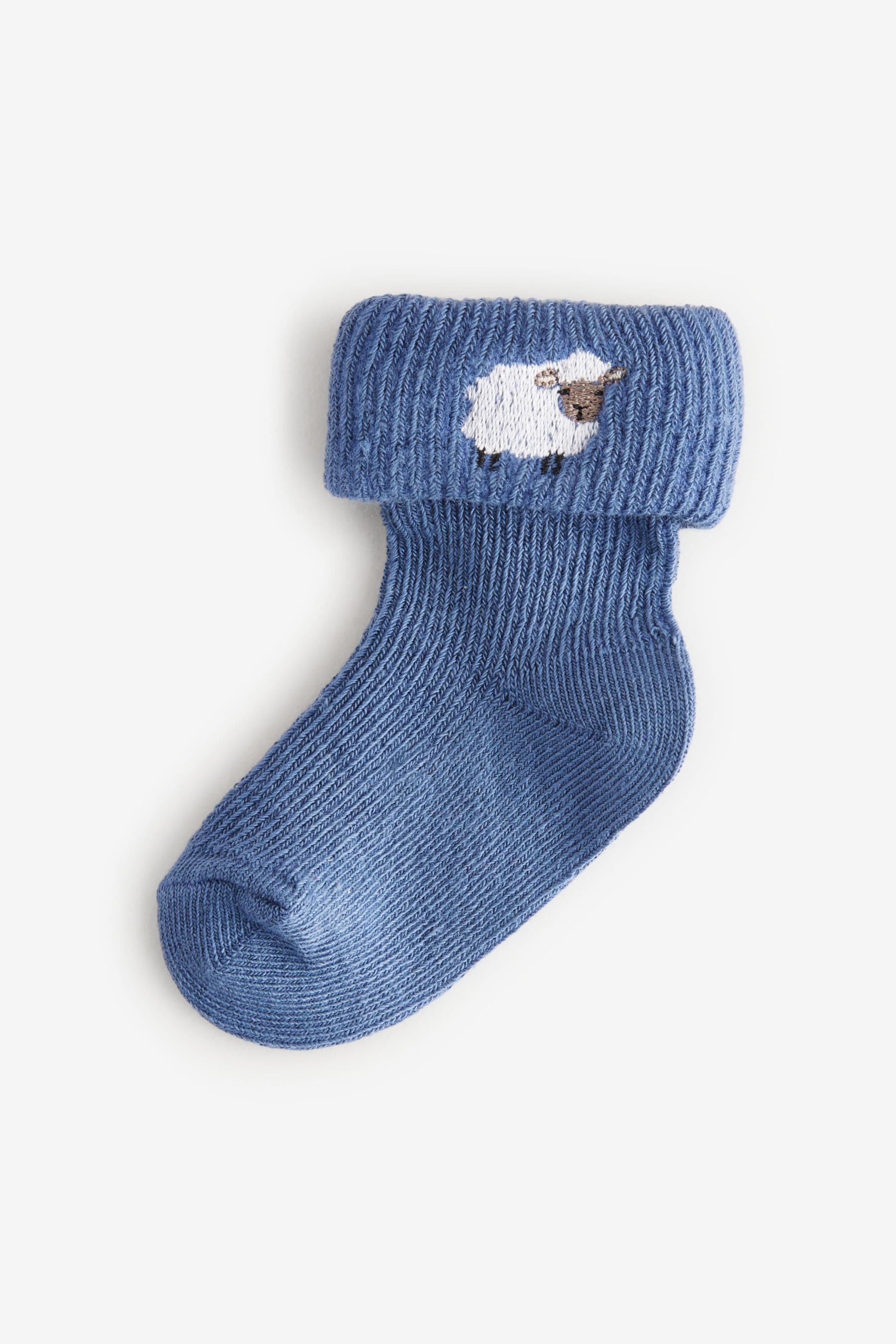 Blue/Neutral Embroidered Roll Top Socks 5 Pack (0mths-2yrs)