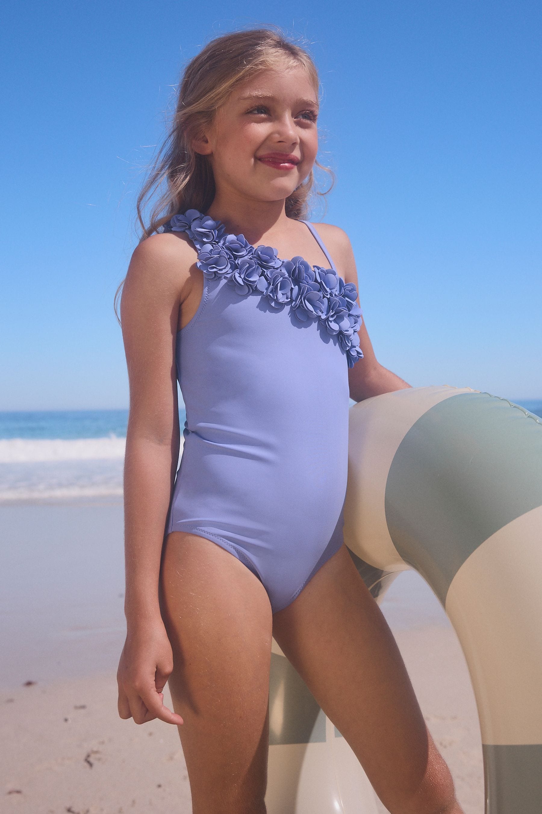 Blue One-Shoulder Corsage Swimsuit (3-16yrs)