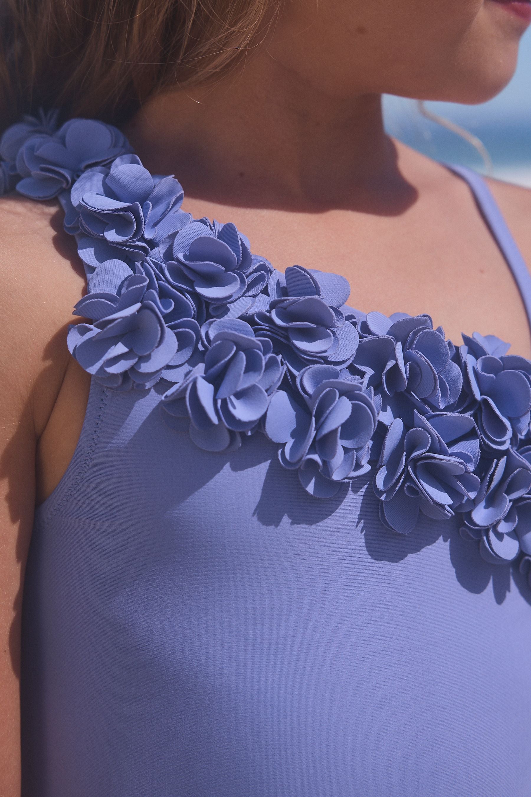 Blue One-Shoulder Corsage Swimsuit (3-16yrs)