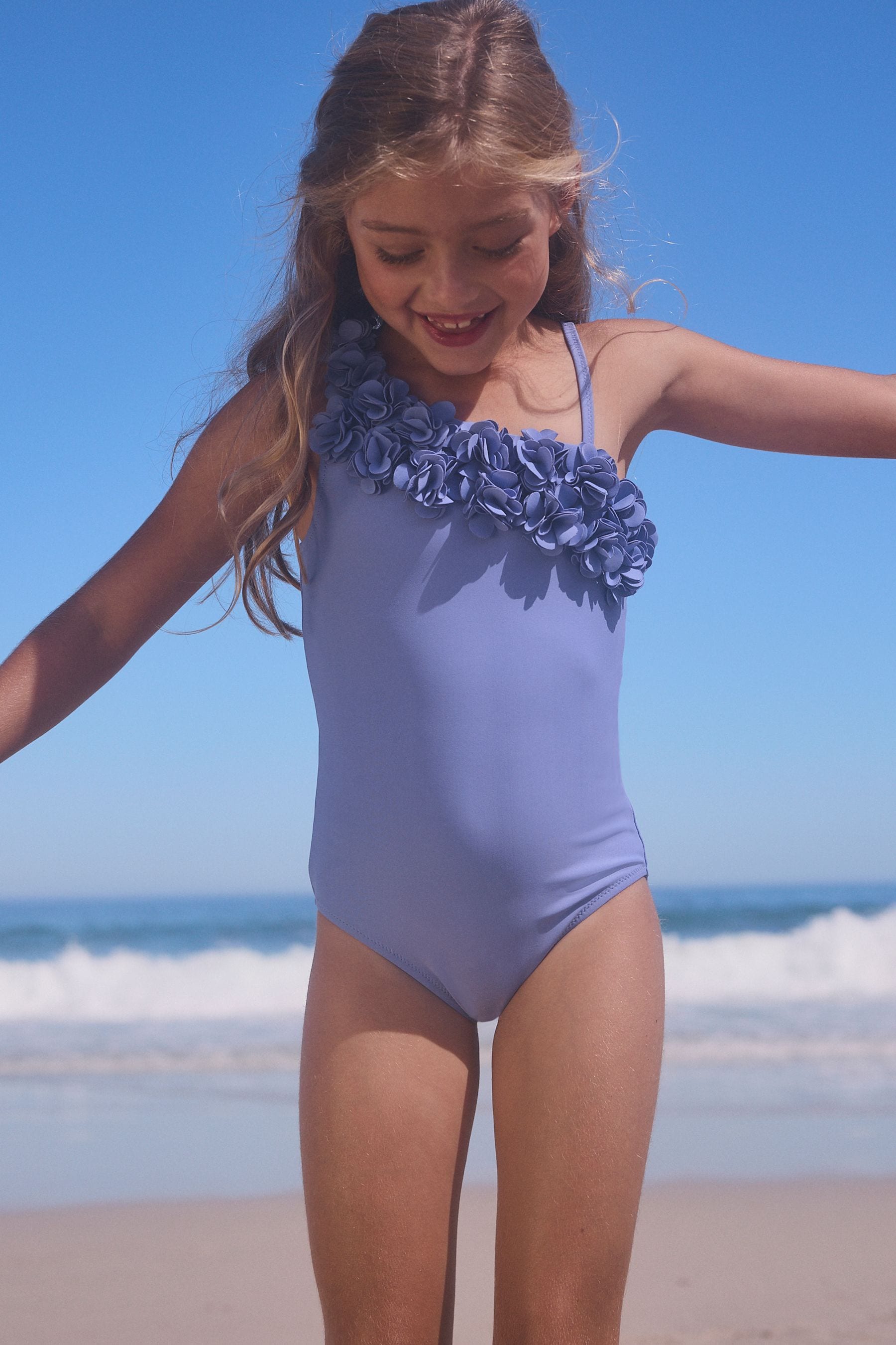 Blue One-Shoulder Corsage Swimsuit (3-16yrs)