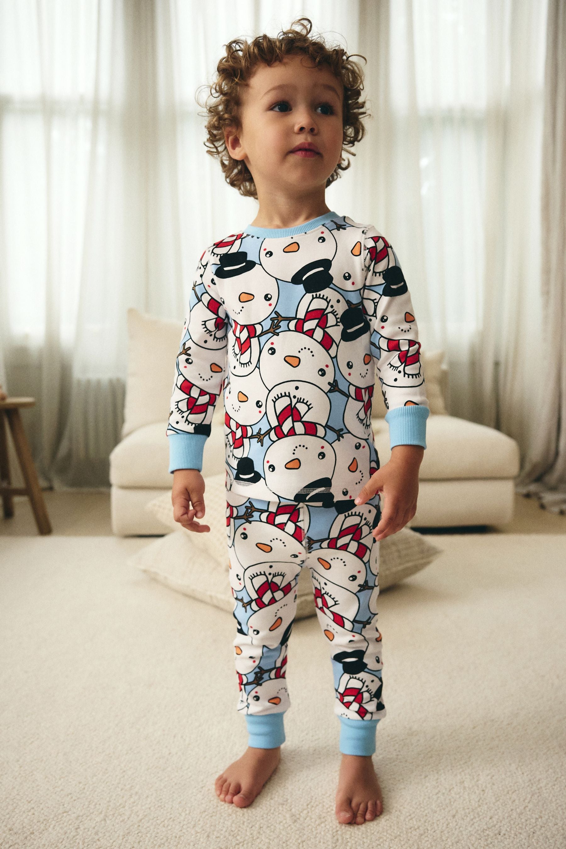 Blue Snowman 100% Cotton Single Christmas Pyjamas (9mths-10yrs)