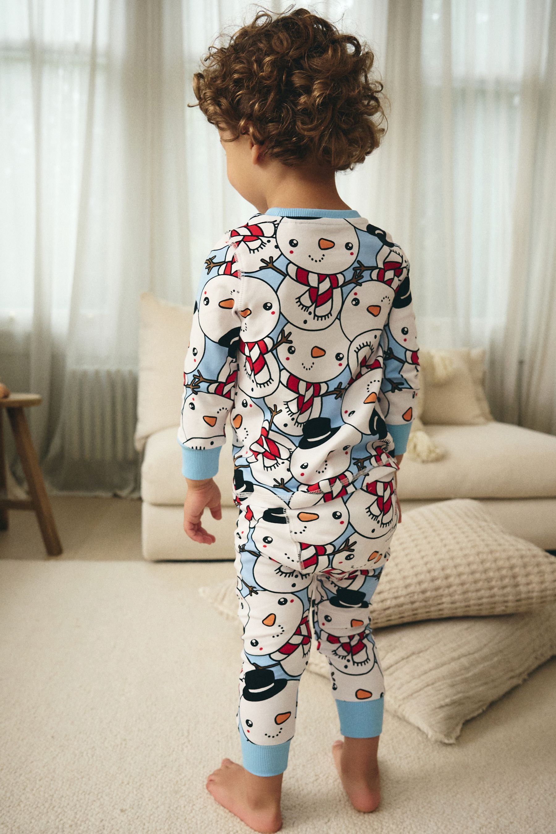 Blue Snowman 100% Cotton Single Christmas Pyjamas (9mths-10yrs)