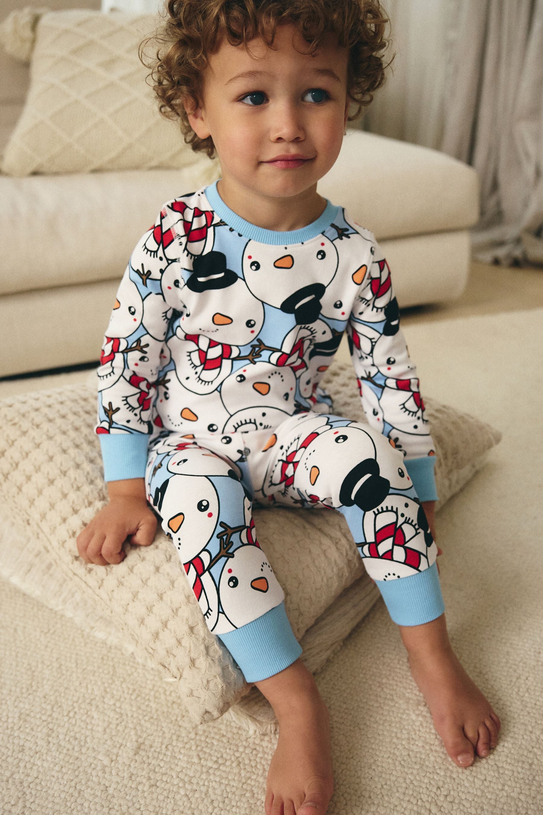 Blue Snowman 100% Cotton Single Christmas Pyjamas (9mths-10yrs)