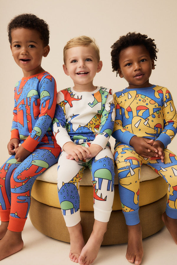 Multi Bright Dinosaur 3 Pack Snuggle 100% Cotton Pyjamas (9mths-10yrs)