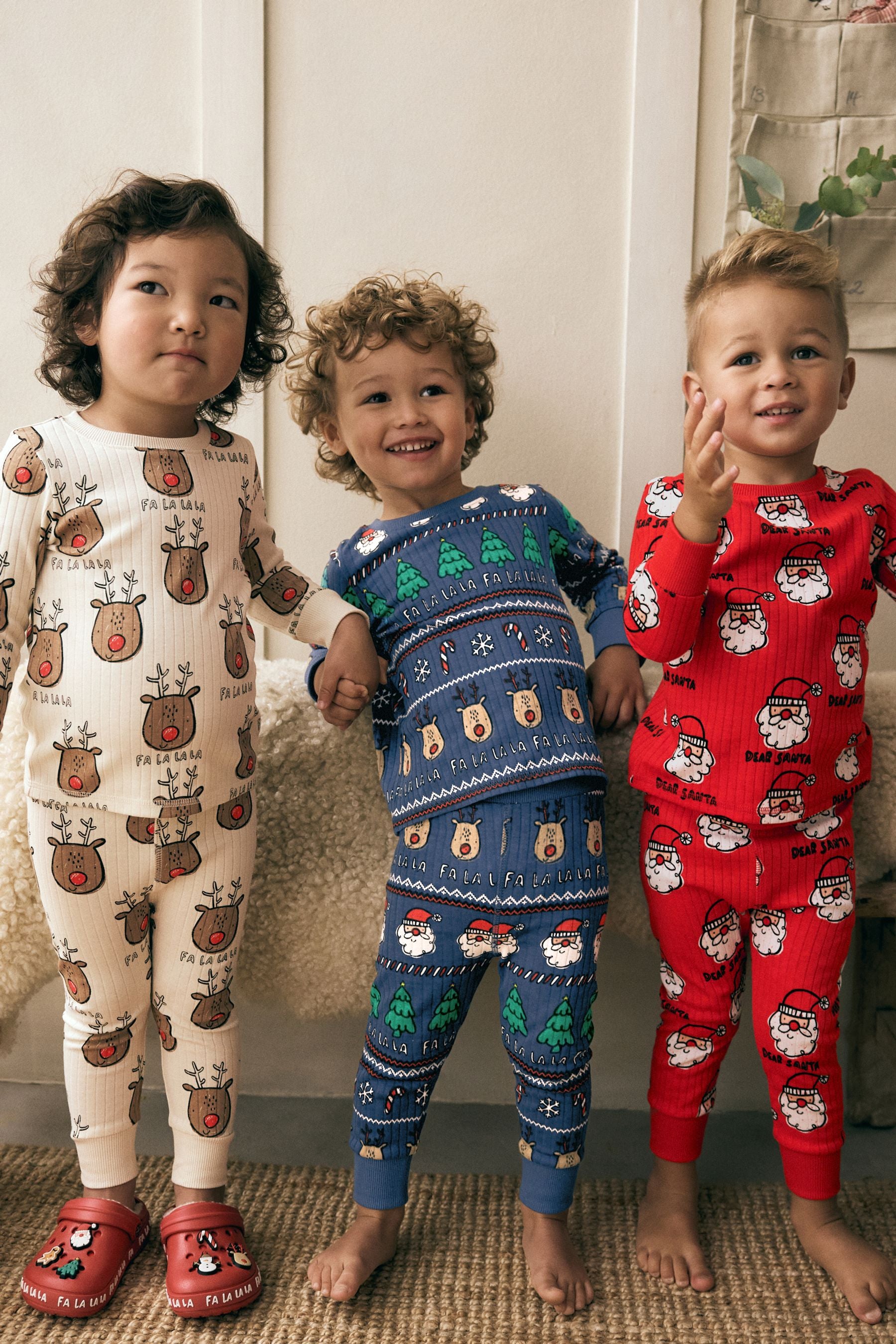 Red/Navy/Ecru Christmas Character Snuggle 100% Cotton Pyjamas 3 Pack (9mths-10yrs)