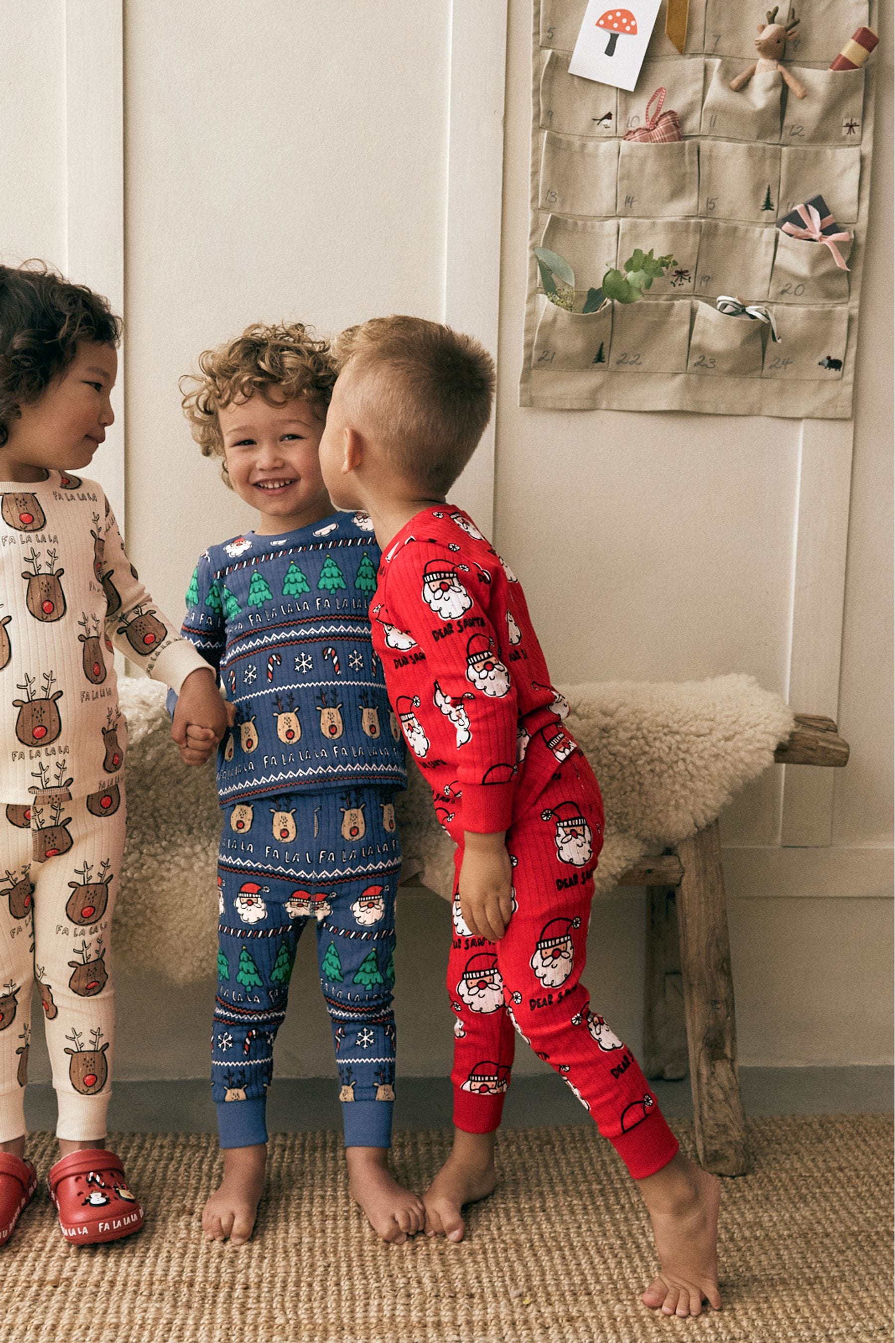 Red/Navy/Ecru Christmas Character Snuggle 100% Cotton Pyjamas 3 Pack (9mths-10yrs)