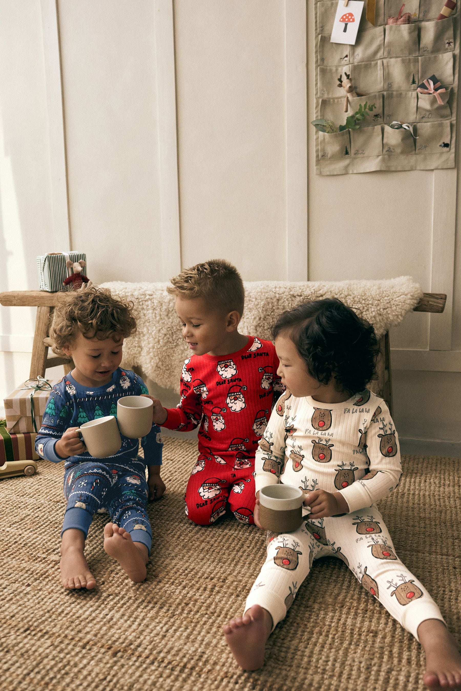 Red/Navy/Ecru 3 Pack Christmas Character 100% Cotton Pyjamas (9mths-10yrs)