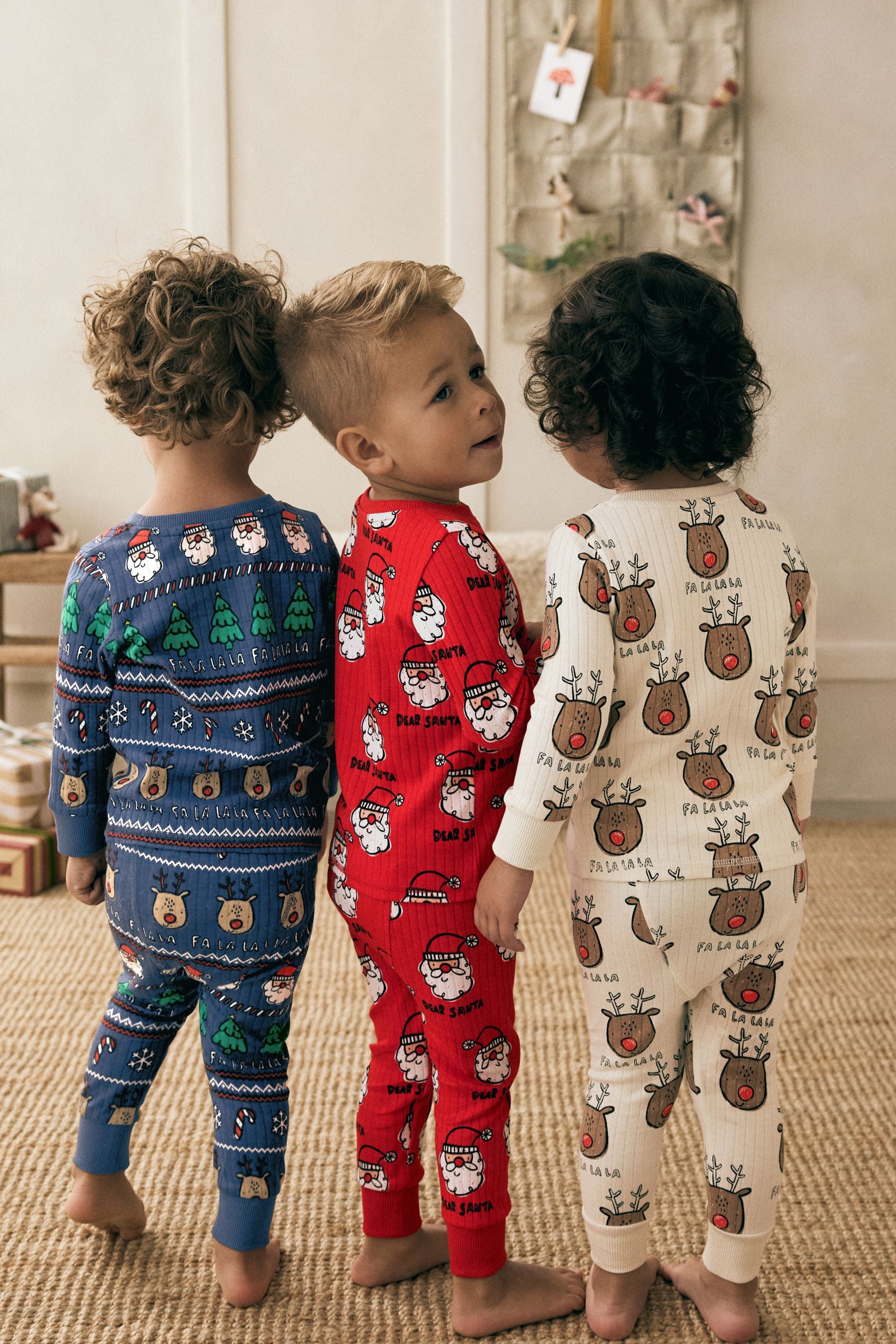 Red/Navy/Ecru 3 Pack Christmas Character 100% Cotton Pyjamas (9mths-10yrs)