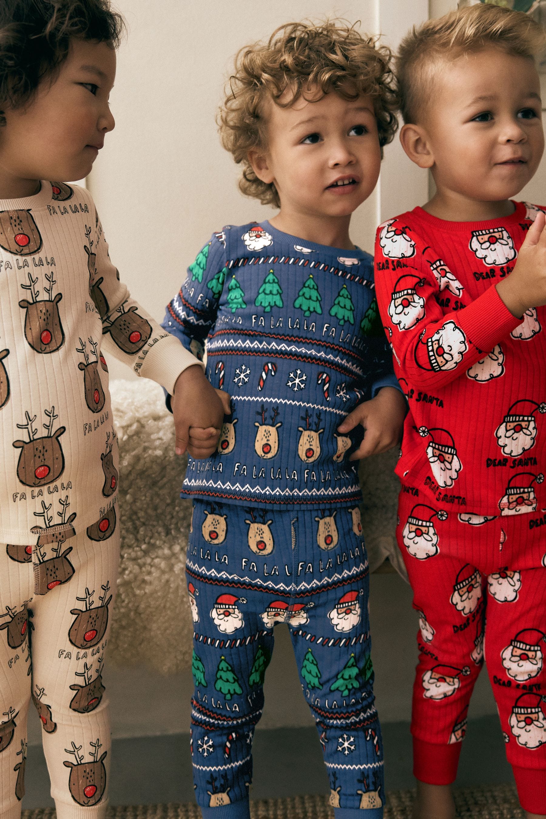 Red/Navy/Ecru 3 Pack Christmas Character 100% Cotton Pyjamas (9mths-10yrs)