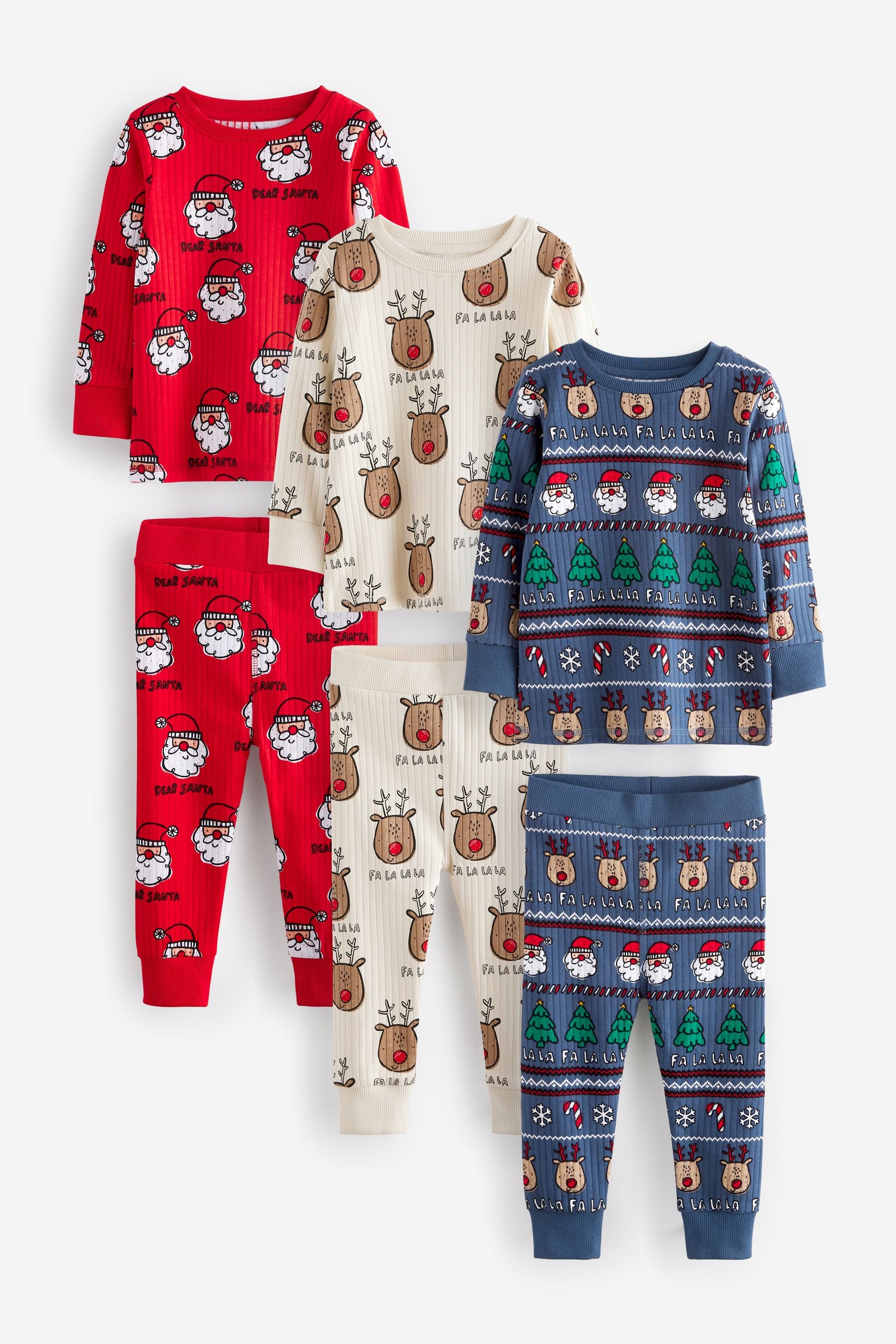 Red/Navy/Ecru Christmas Character Snuggle 100% Cotton Pyjamas 3 Pack (9mths-10yrs)