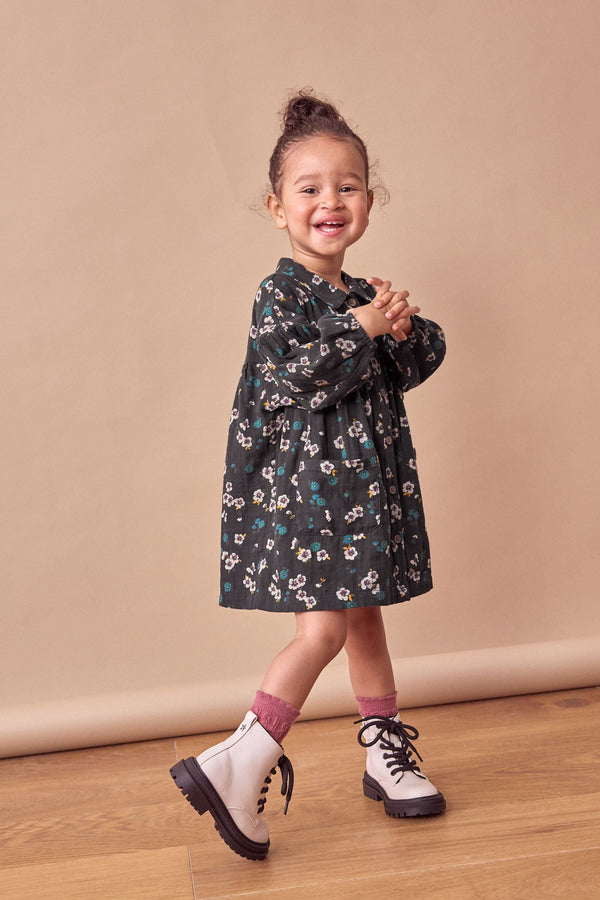 Black Floral 100% Cotton Shirt Dress (3mths-8yrs)