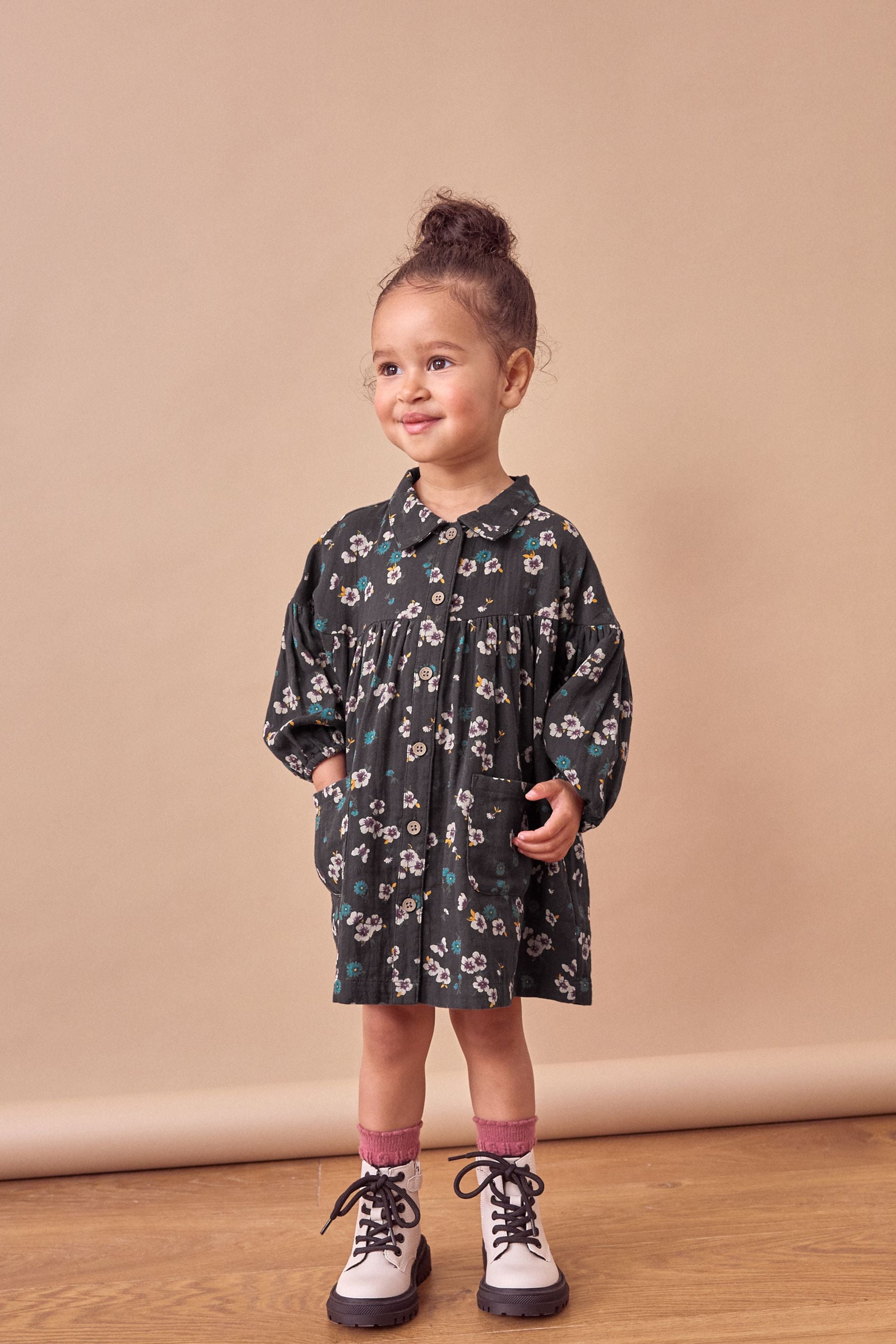 Black Floral 100% Cotton Shirt Dress (3mths-8yrs)