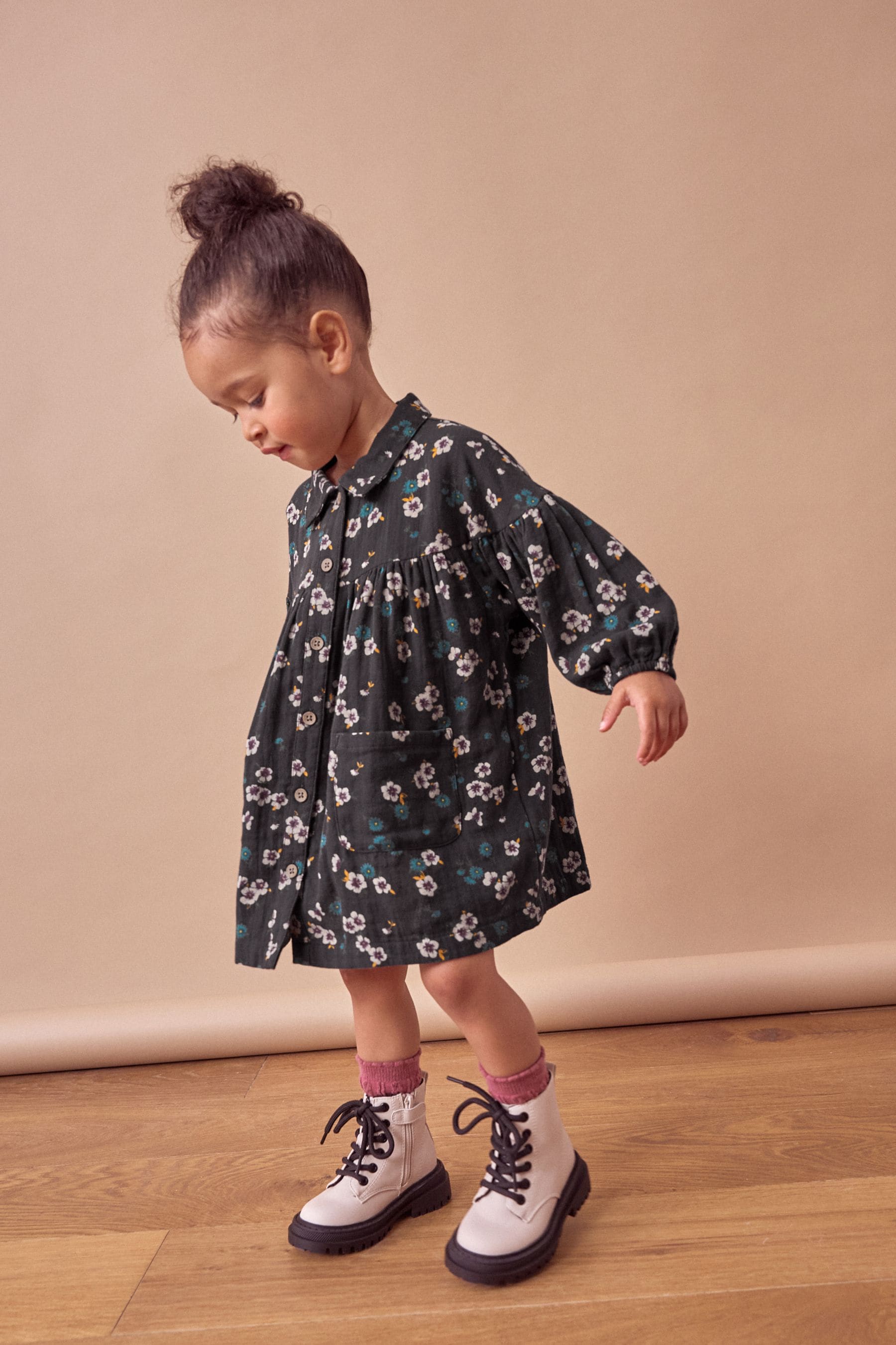 Black Floral 100% Cotton Shirt Dress (3mths-8yrs)