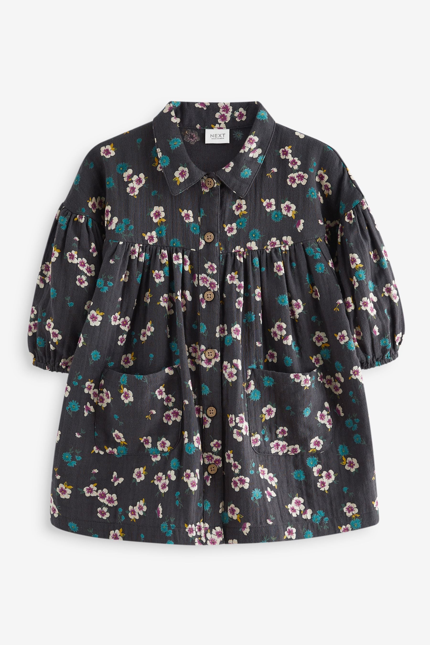 Black Floral 100% Cotton Shirt Dress (3mths-8yrs)