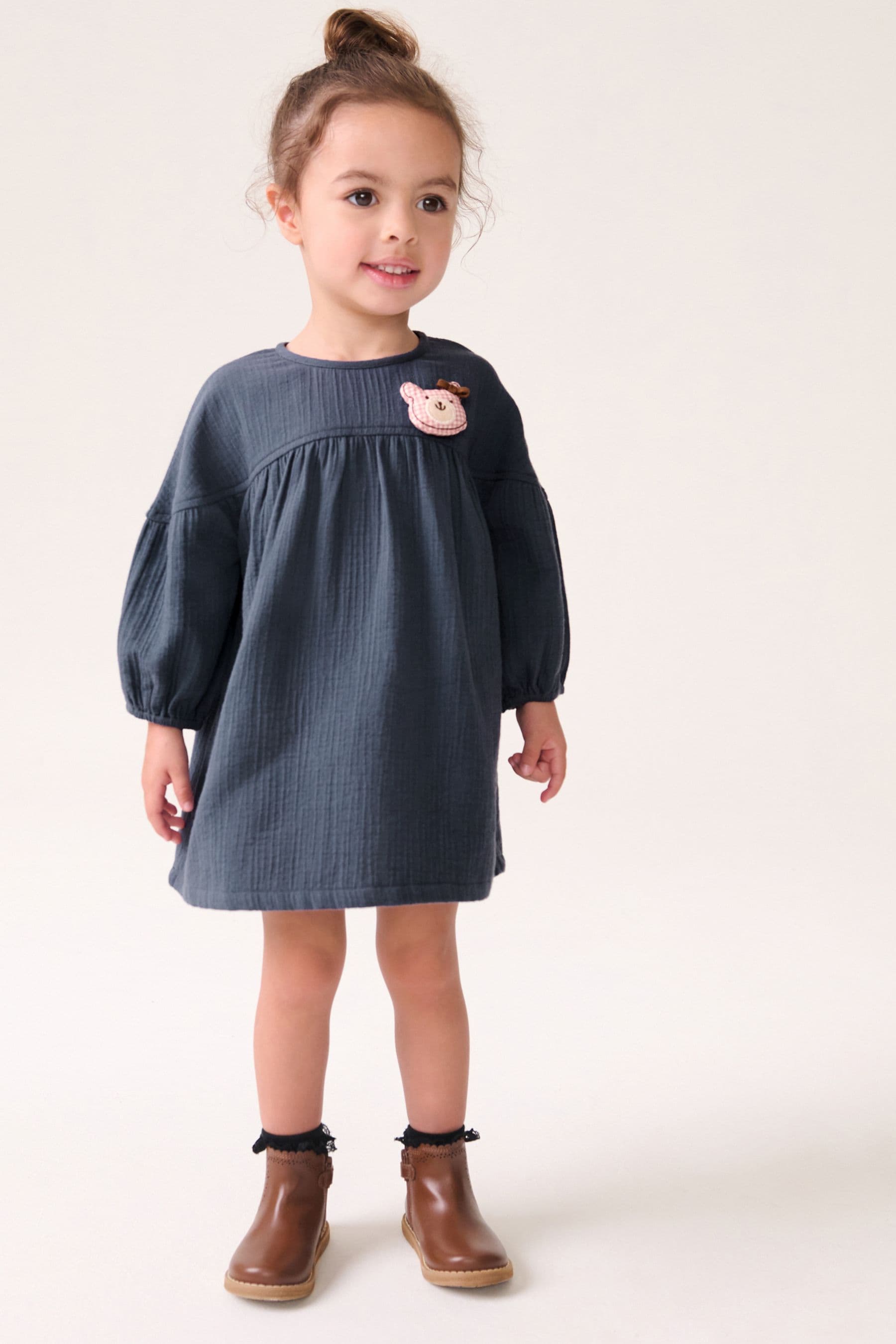 Navy Blue Bear Character Textured 100% Cotton Dress (3mths-8yrs)