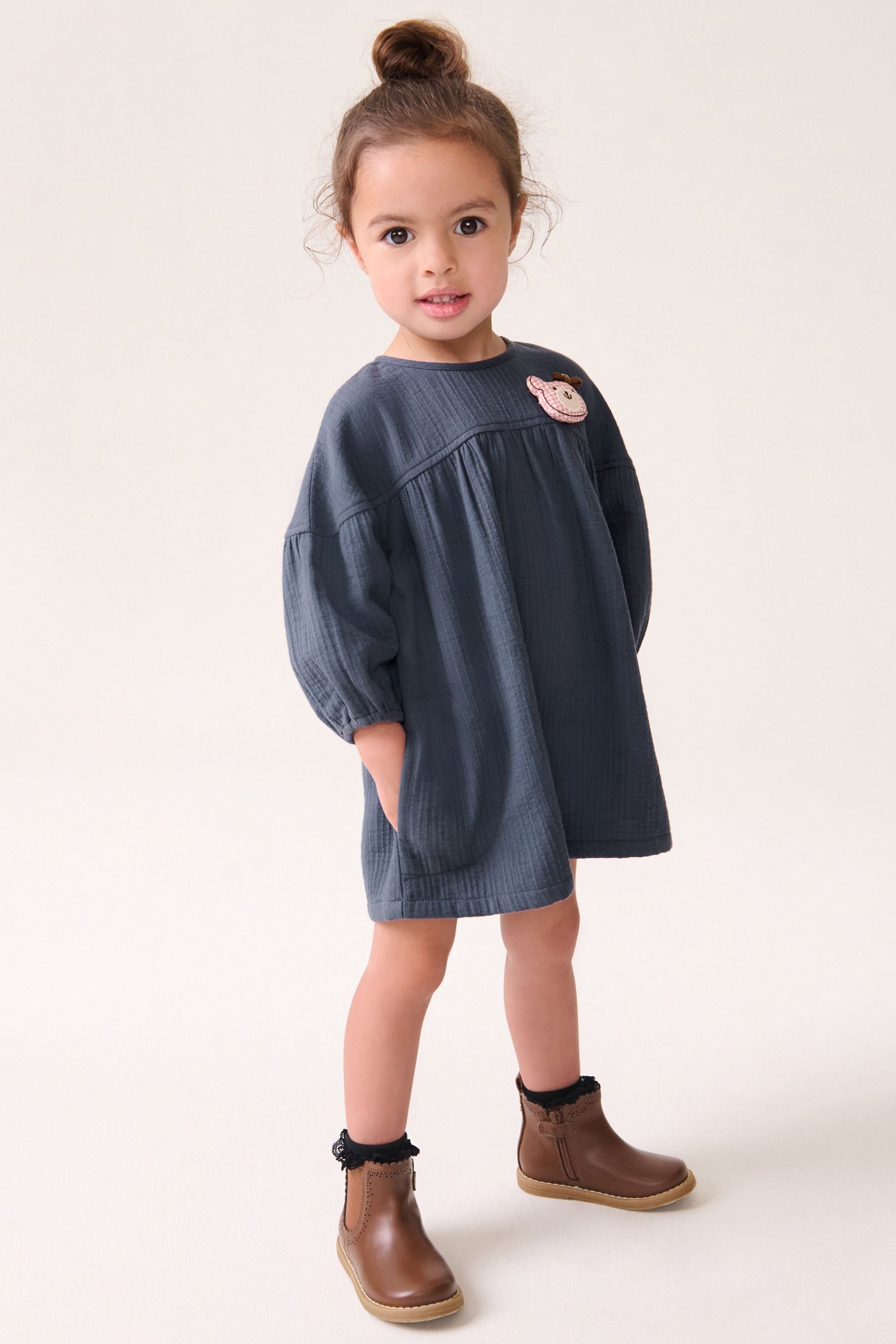 Navy Blue Bear Character Textured 100% Cotton Dress (3mths-8yrs)