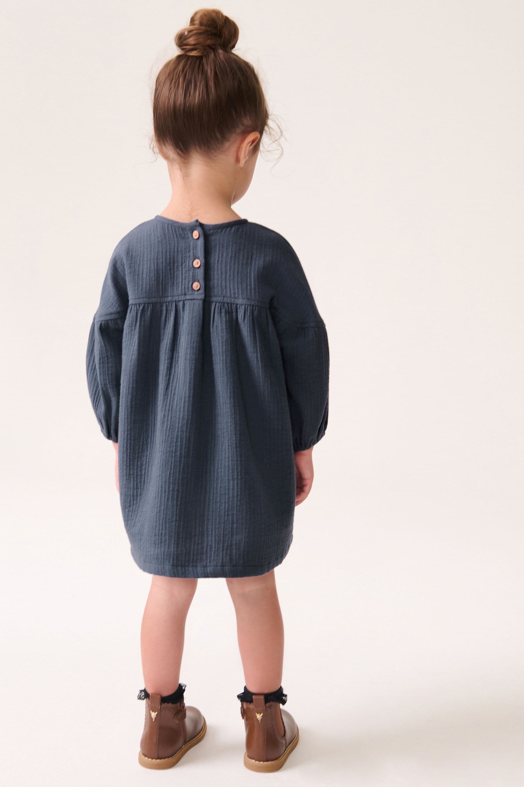 Navy Blue Bear Character Textured 100% Cotton Dress (3mths-8yrs)