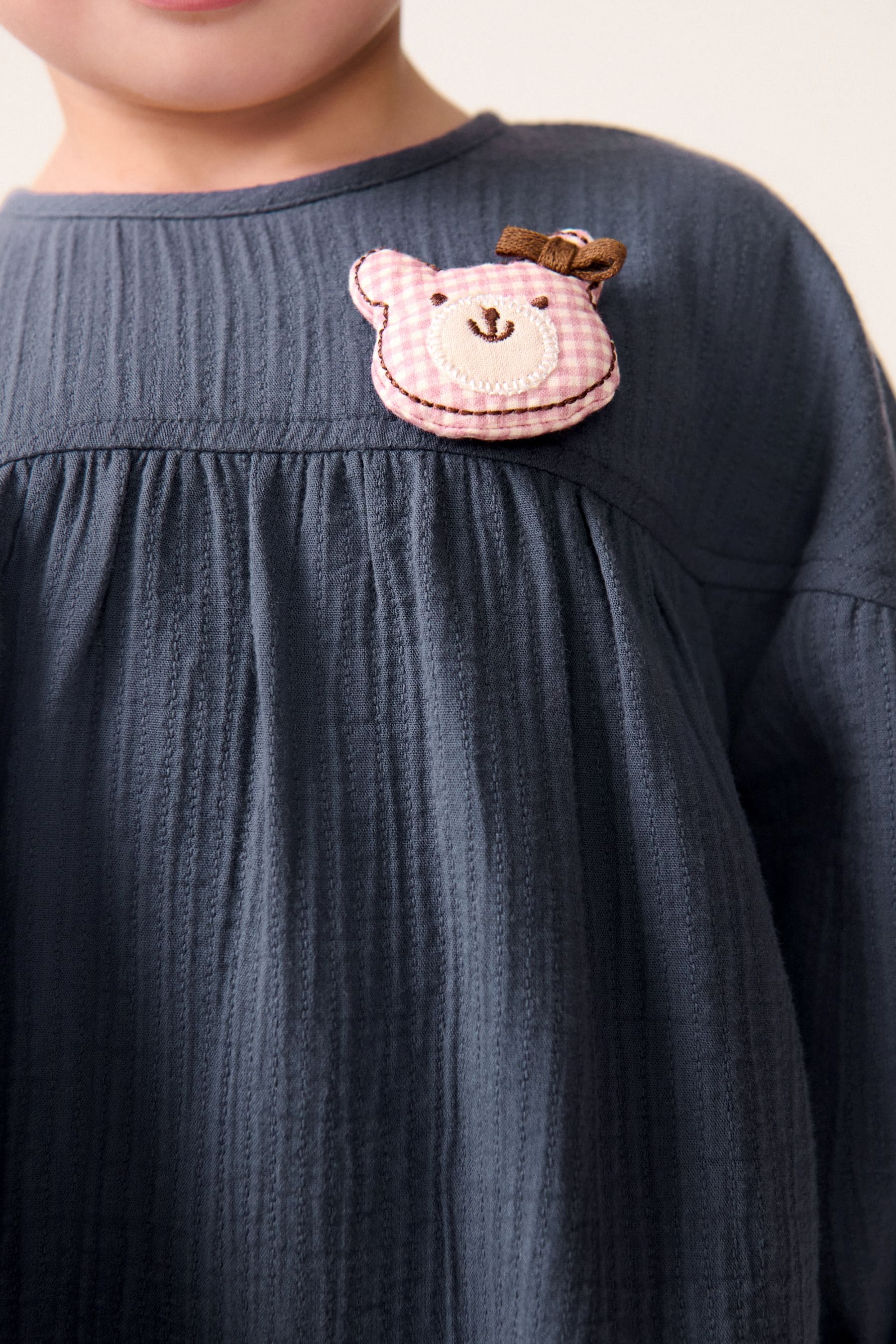 Navy Blue Bear Character Textured 100% Cotton Dress (3mths-8yrs)