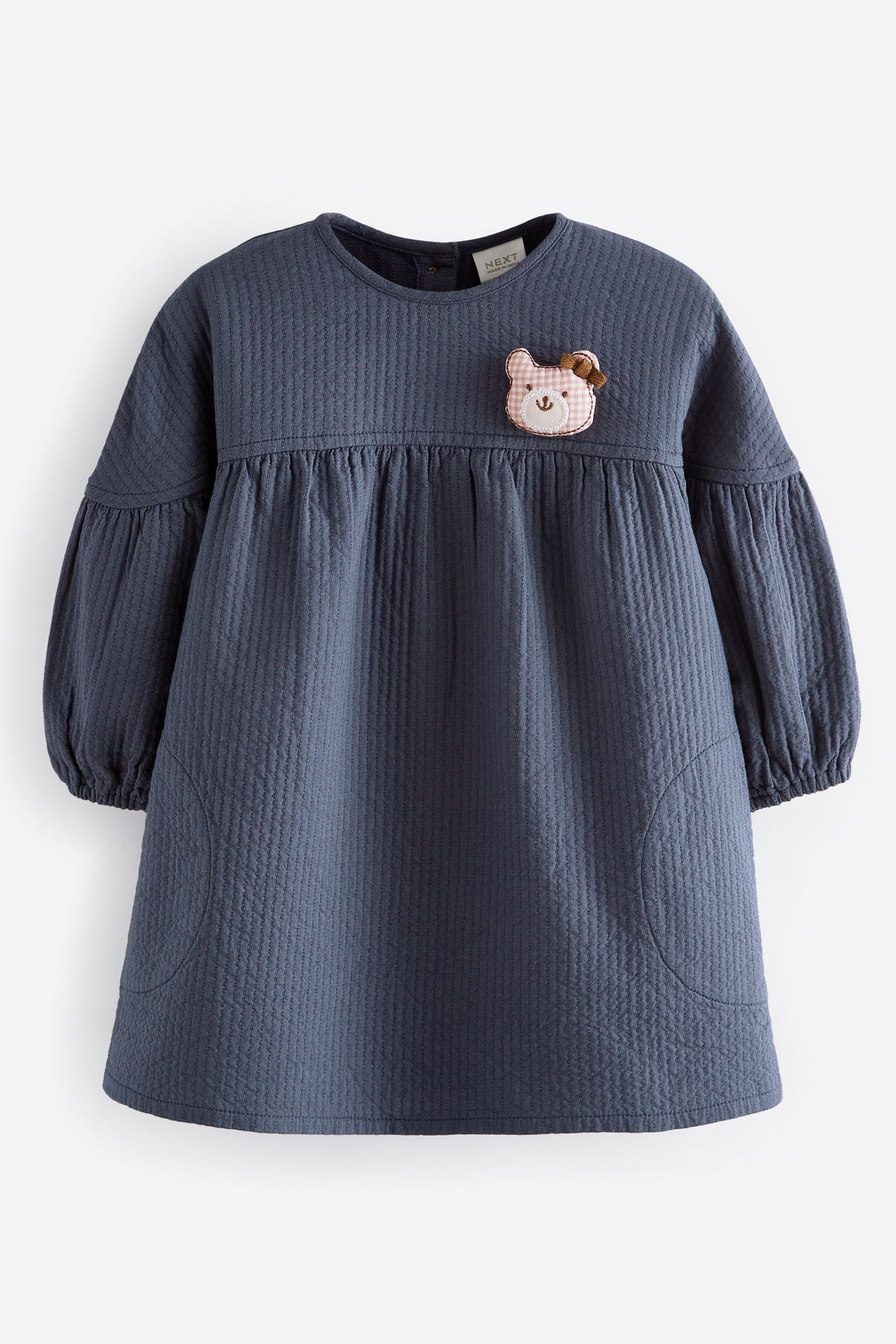 Navy Blue Bear Character Textured 100% Cotton Dress (3mths-8yrs)