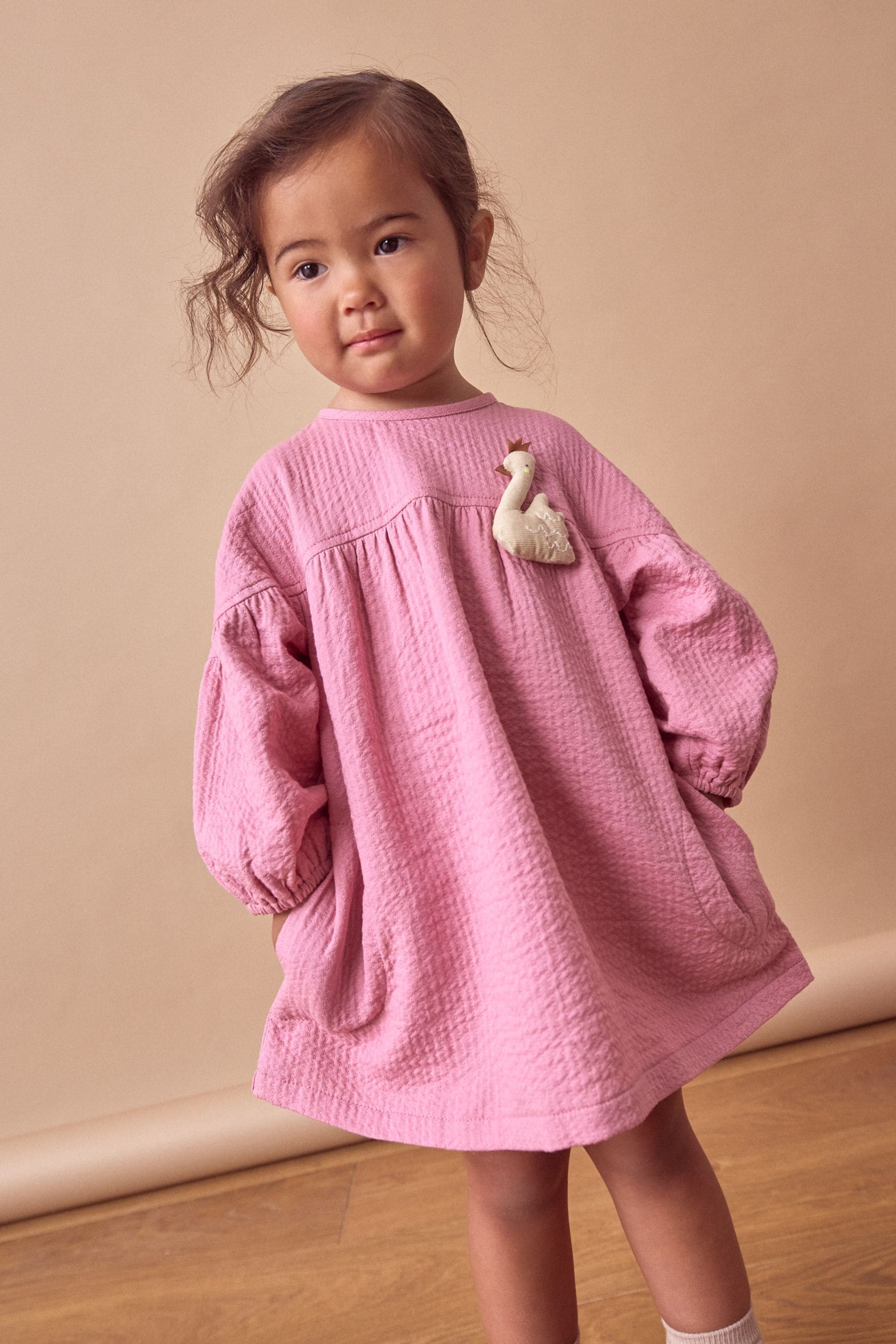 Pink Swan Character Textured Cotton Dress (3mths-8yrs)