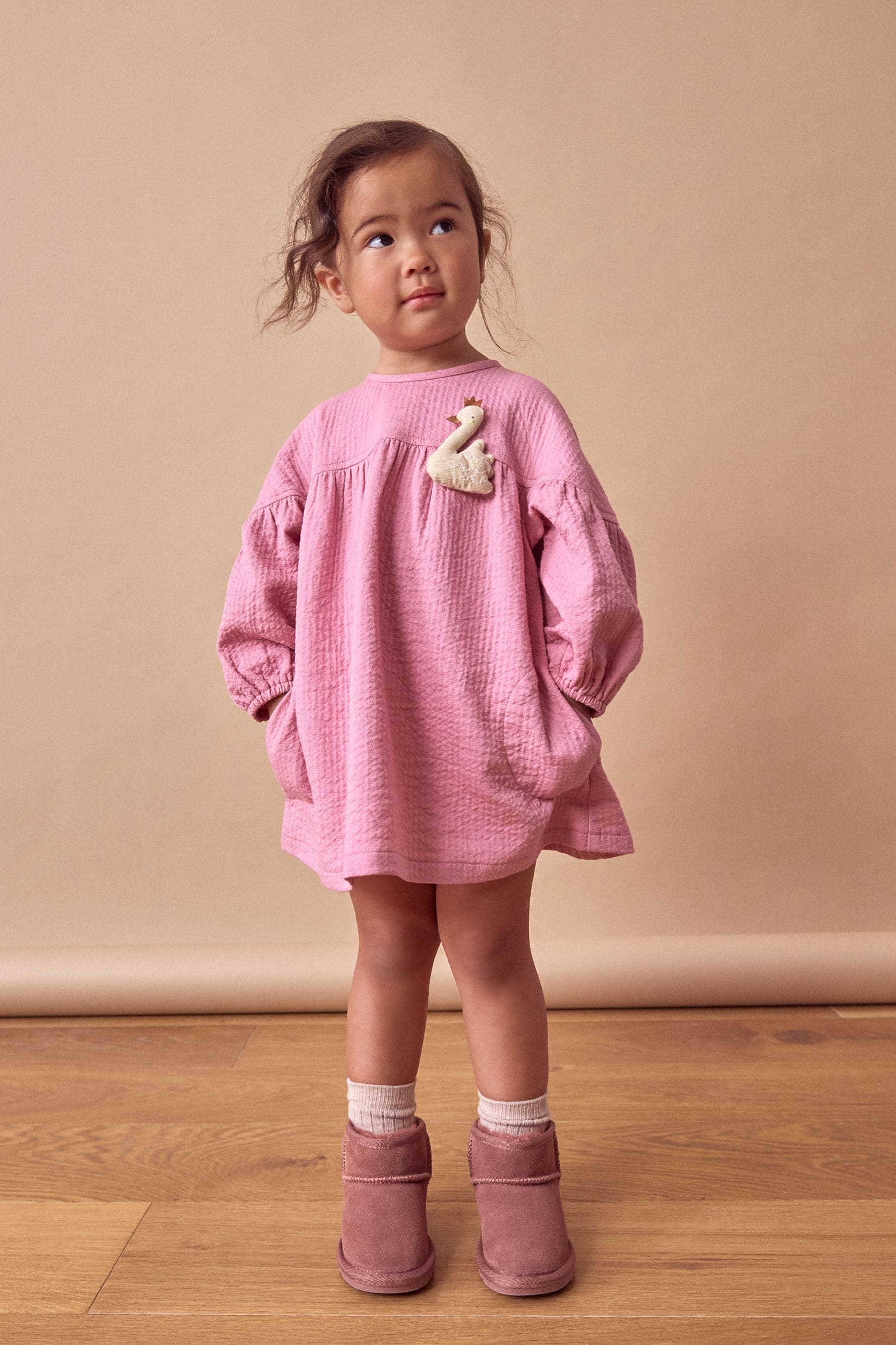 Pink Swan Character Textured Cotton Dress (3mths-8yrs)